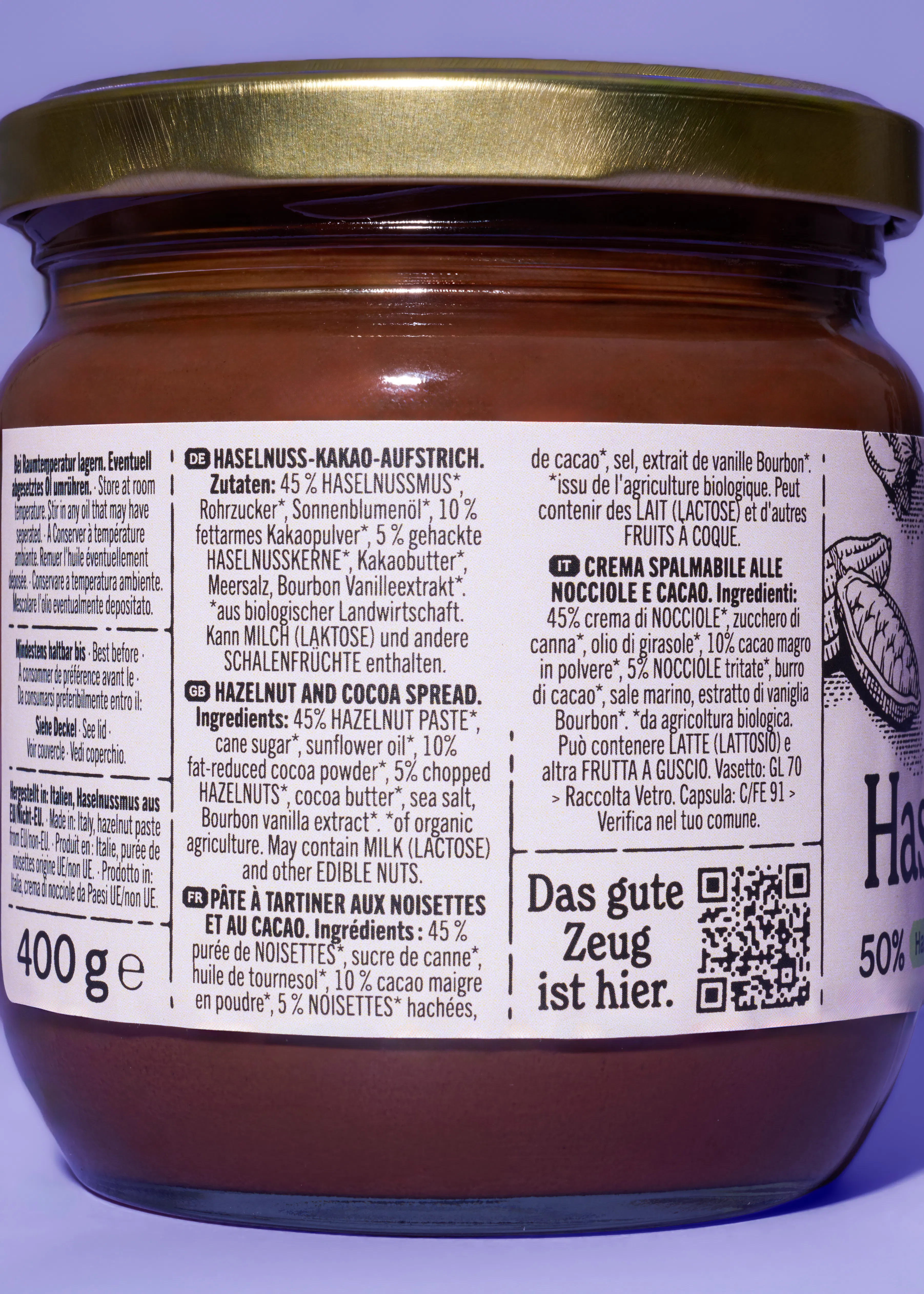 Bio crunchy hazelnootpasta met cacao 6 x 400 g