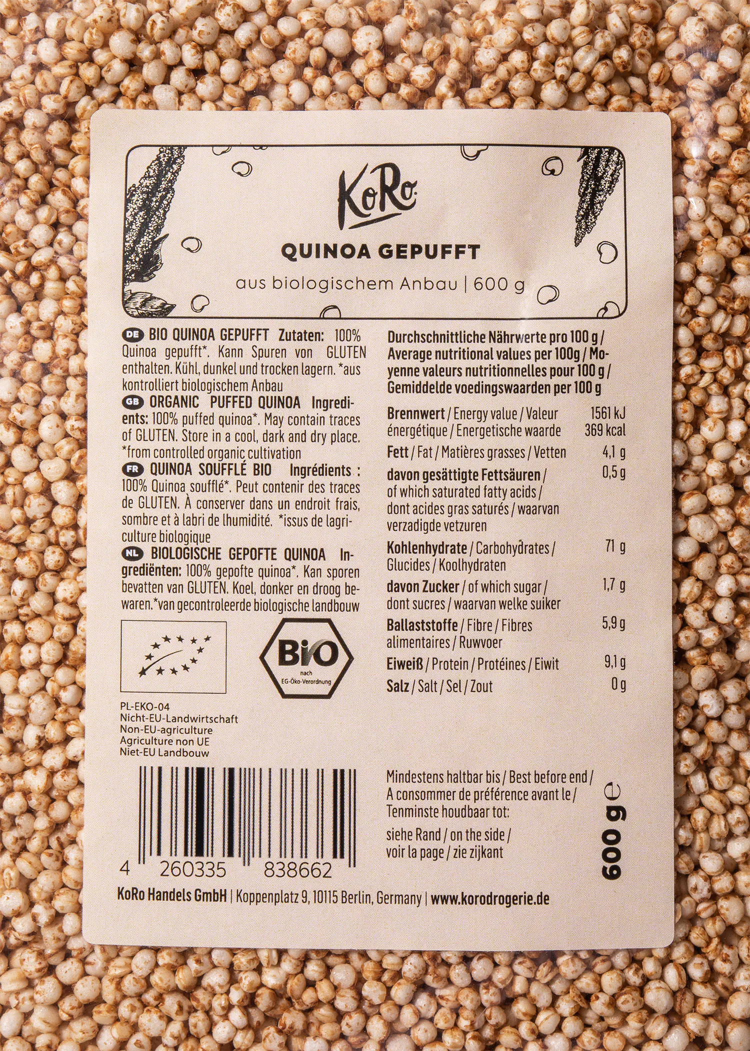 una bolsa de 600 gramos de quinoa inflada orgánica koro, mostrando la etiqueta con información nutricional y de ingredientes en múltiples idiomas.