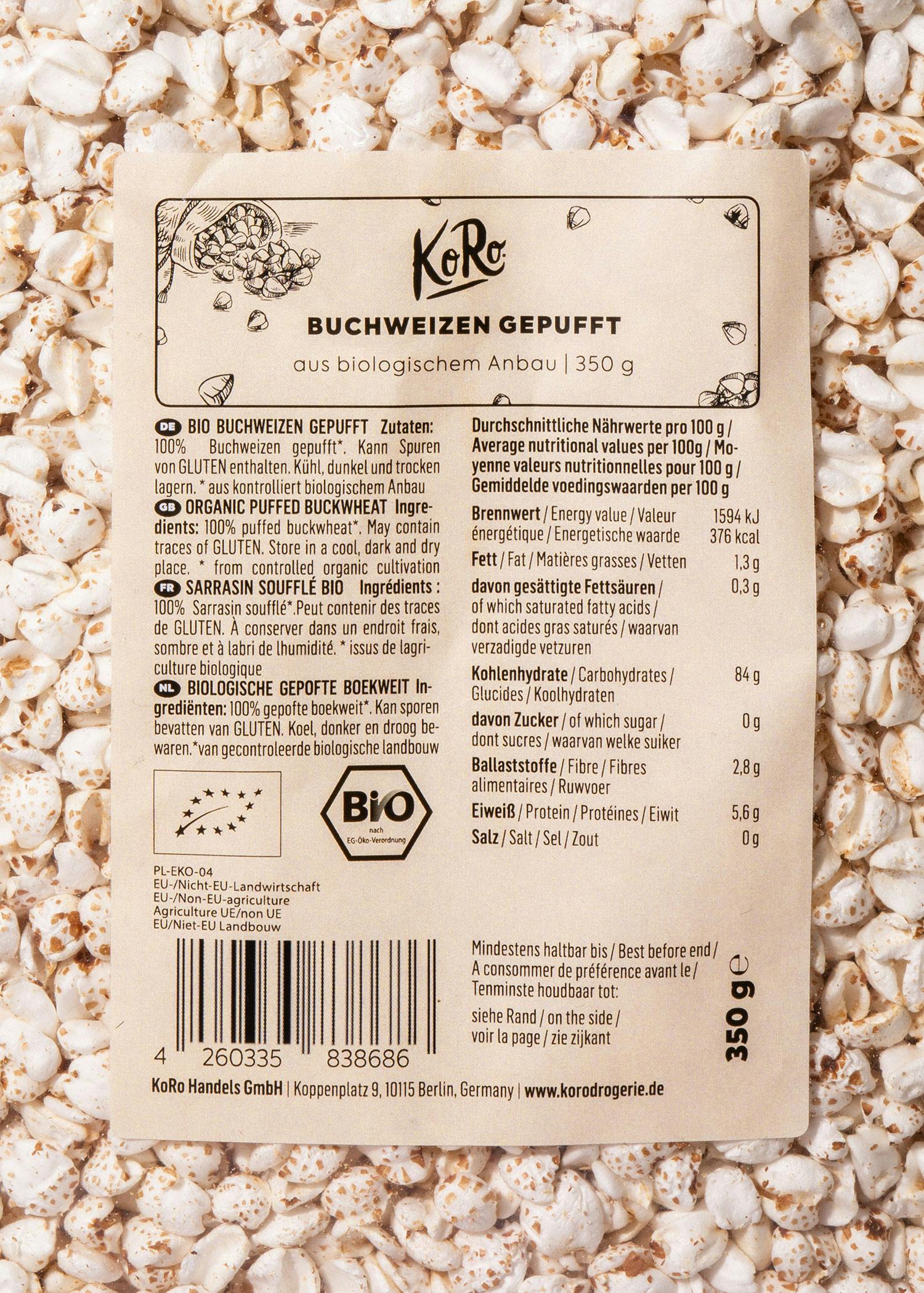 die rückseite einer verpackten buchweizen gepufft aus biologischem anbau 350g