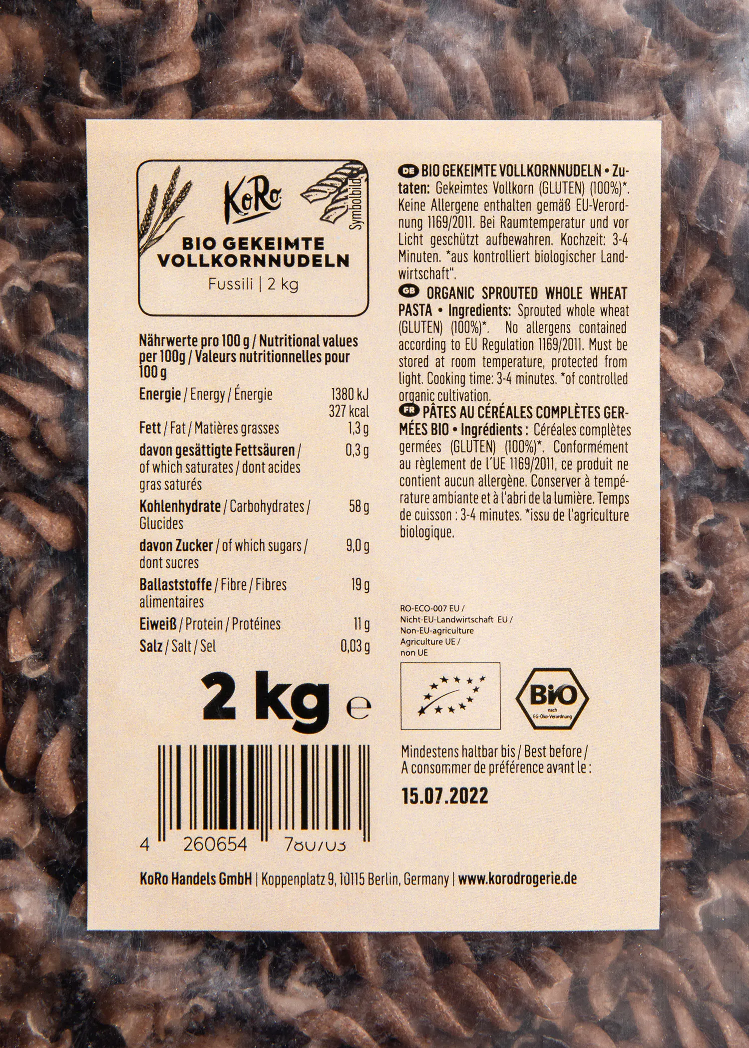 die rückseite einer 2 kg verpackten bio gekeimte vollkornnudeln