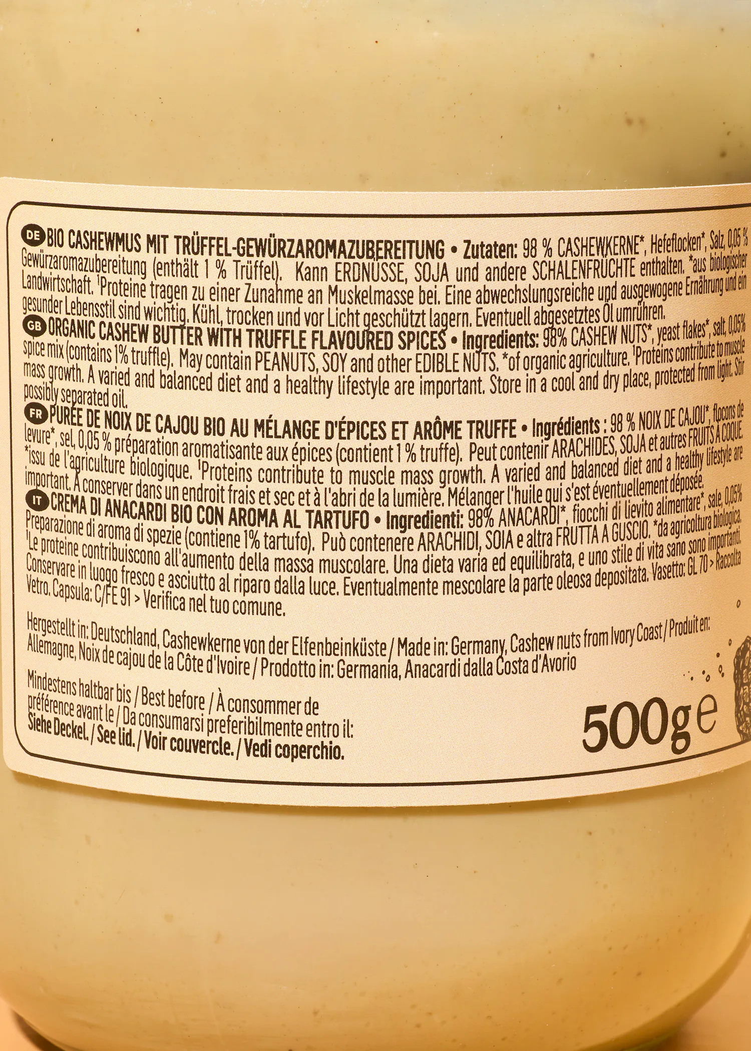 a 500g container of cashew butter with truffle flavoured spices