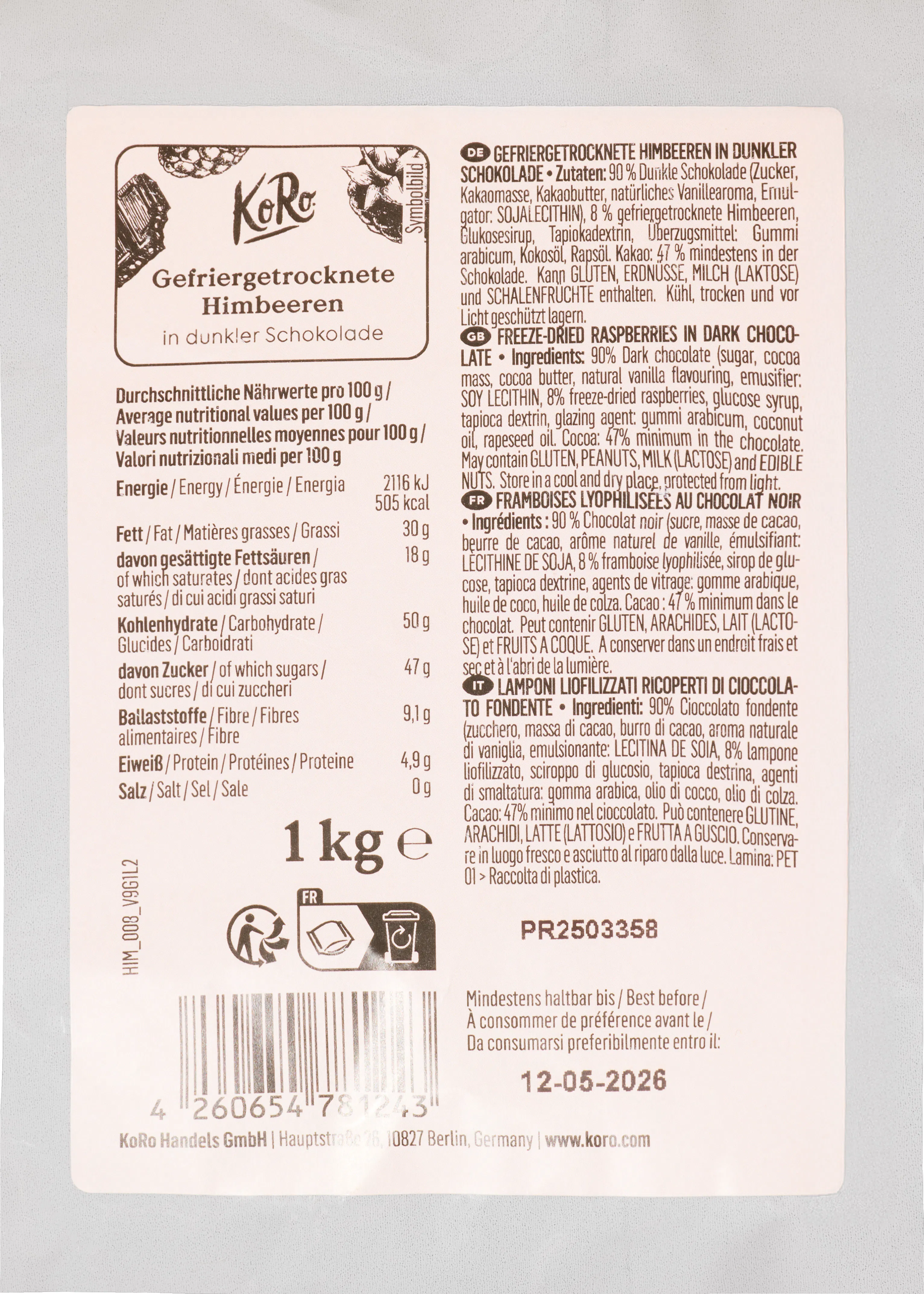 a label for a 1 kg container of dark chocolate