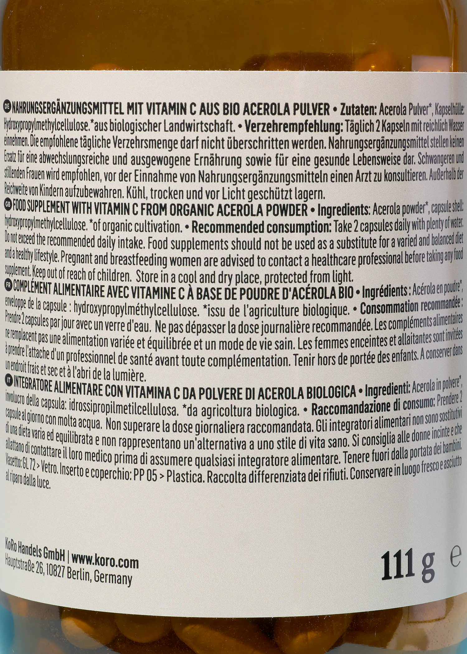 Natürliches Vitamin C aus Bio-Acerola Kapseln 180 Stück