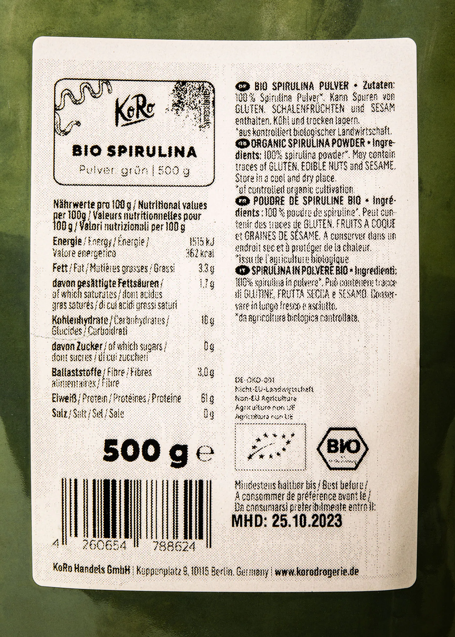 l' arrière de l' emballage d' un 500g de spirulina bio