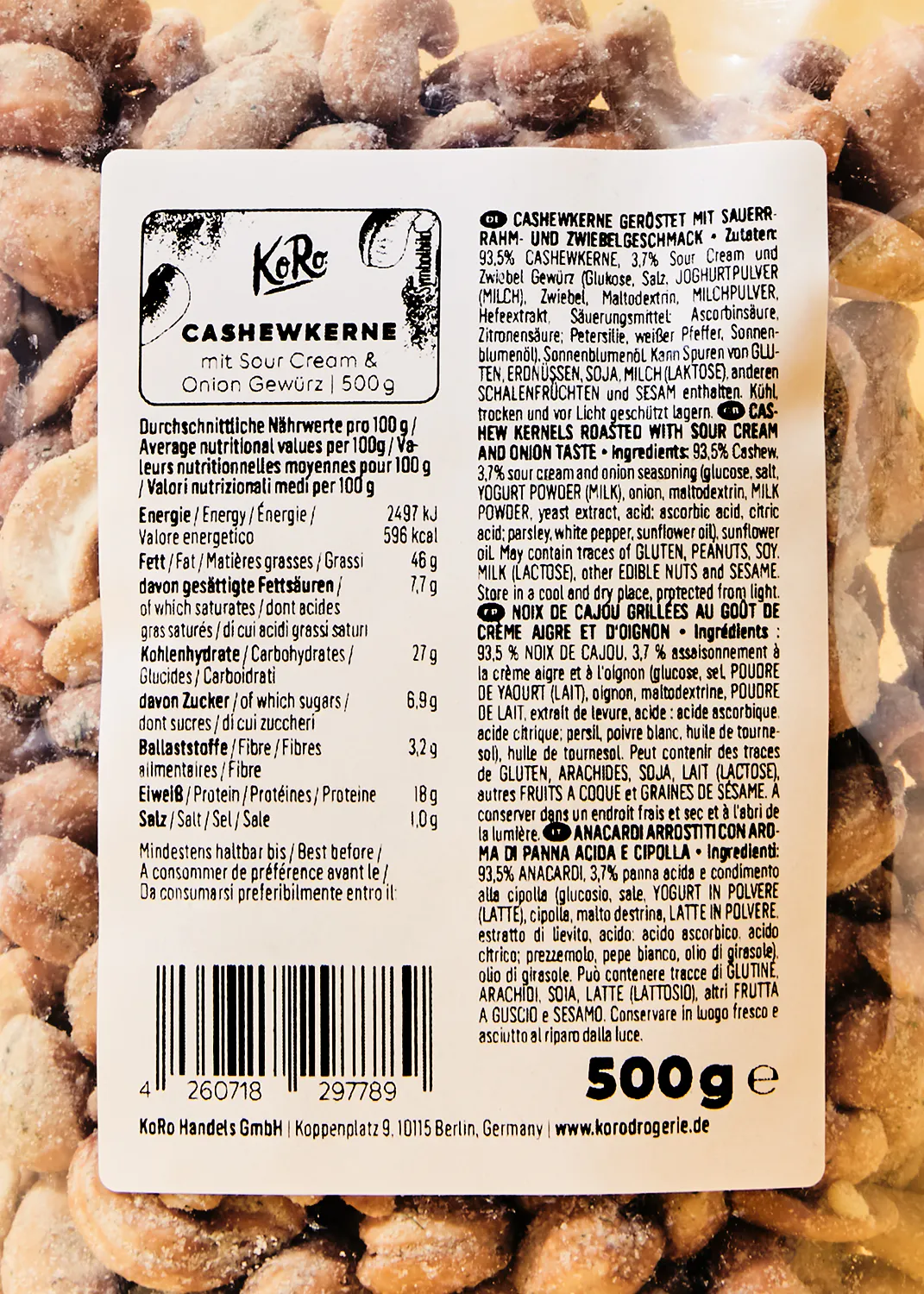 l' arrière d' une boîte de noix de cajou avec une étiquette de 500g