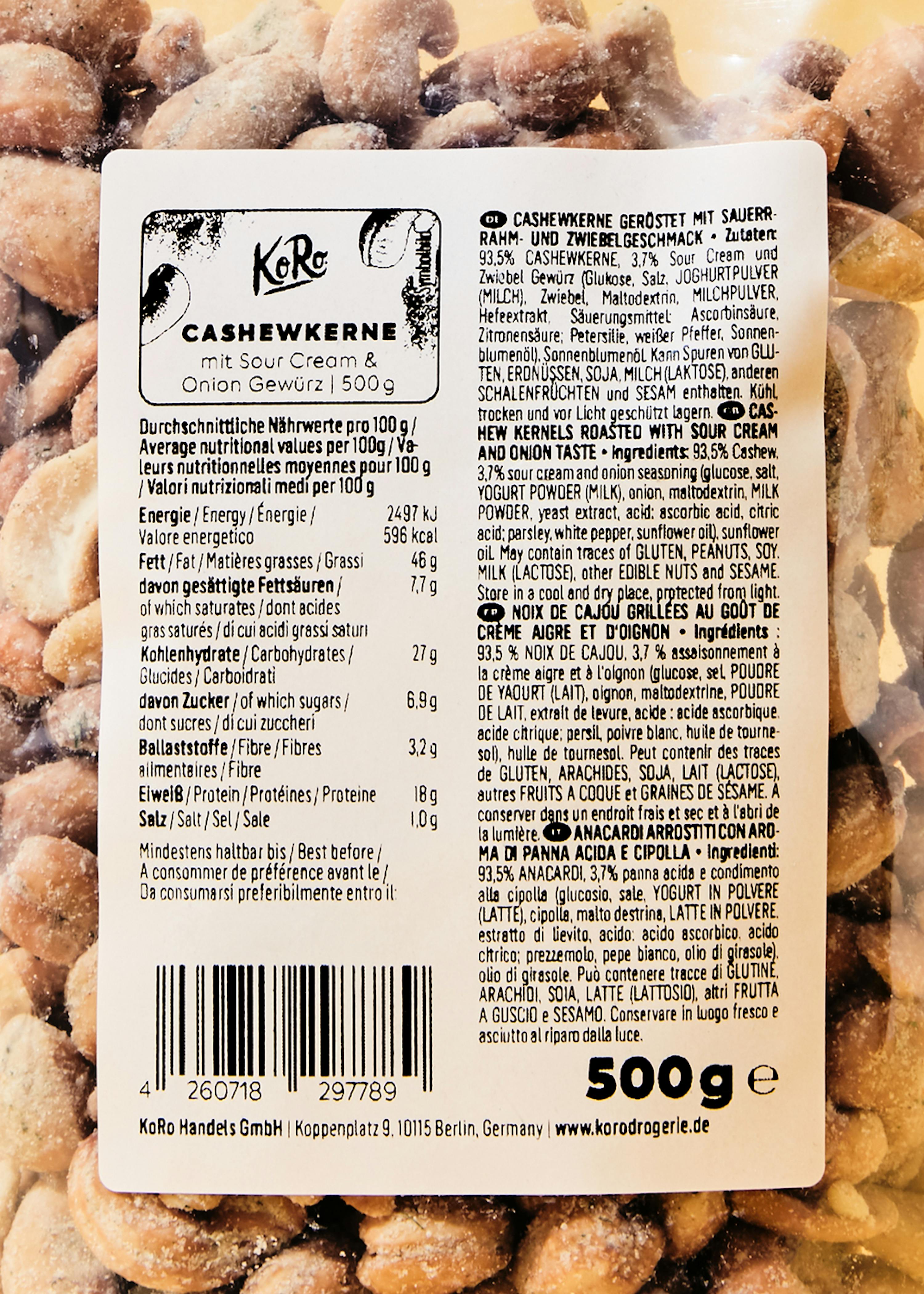 l' arrière d' une boîte de noix de cajou avec une étiquette de 500g