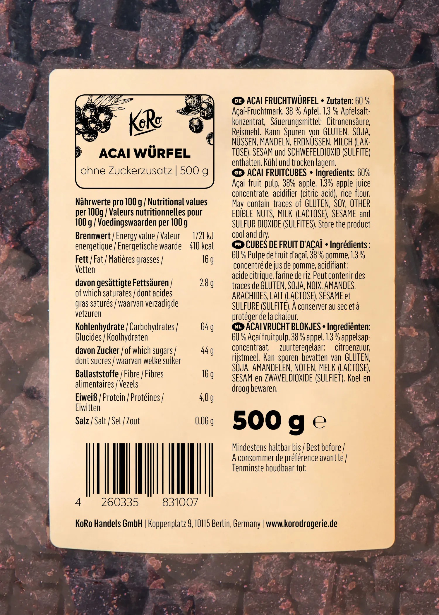 the back of a 500 g container of acai würfel