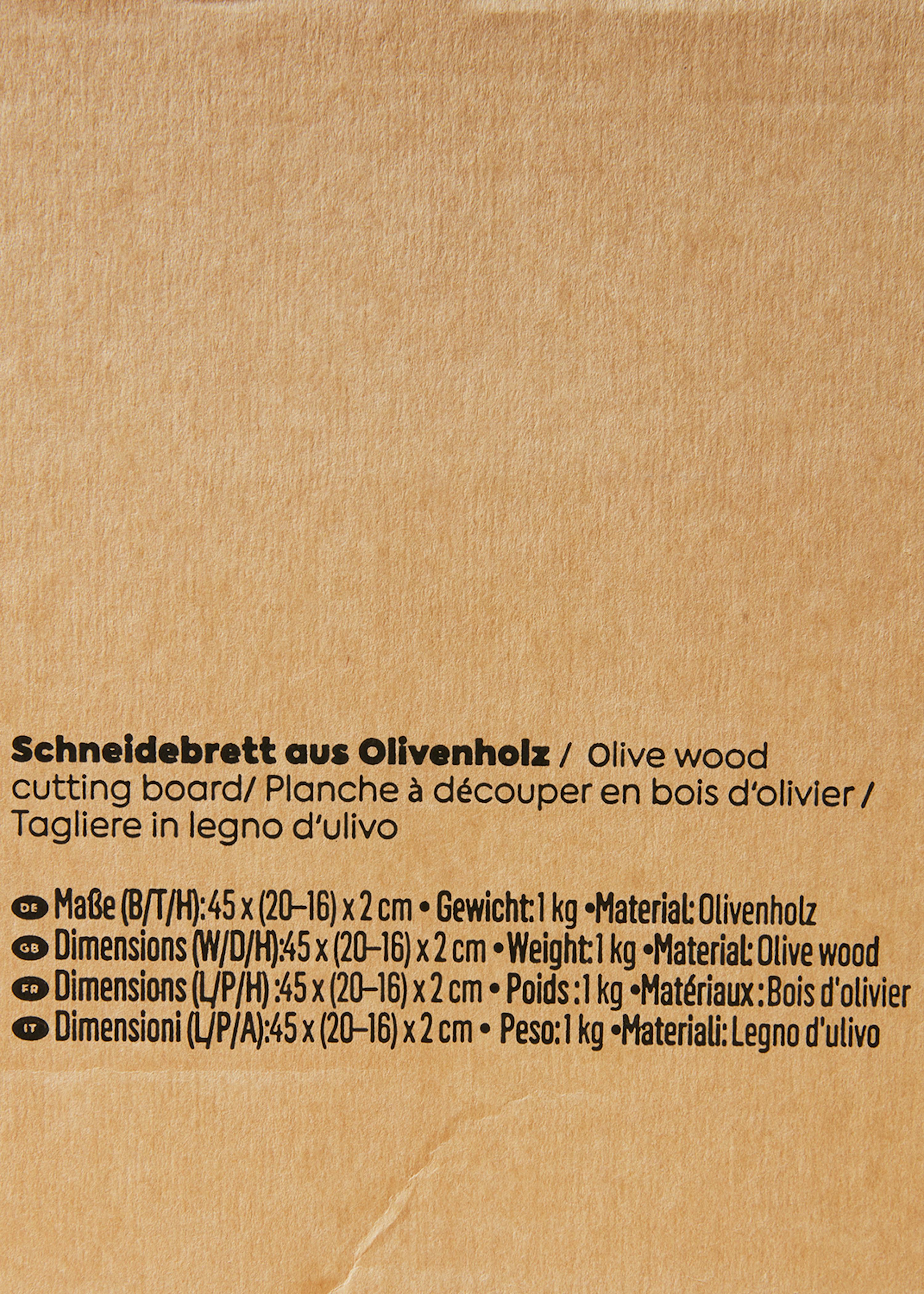 die Rückseite einer Schachtel mit einem Schneidebrett aus Olivenholz