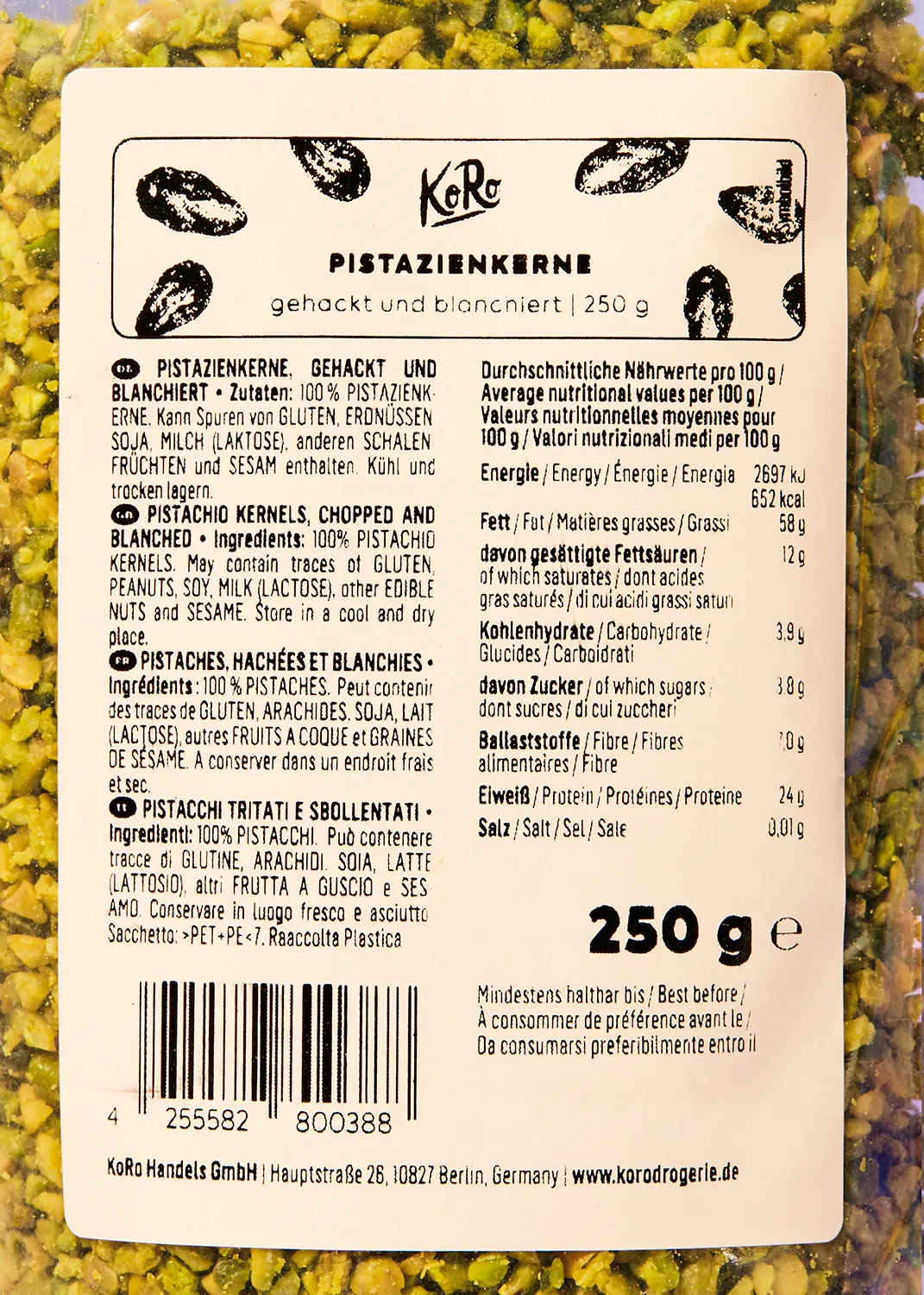 l' arrière d' une boîte de 250 g de pistaches