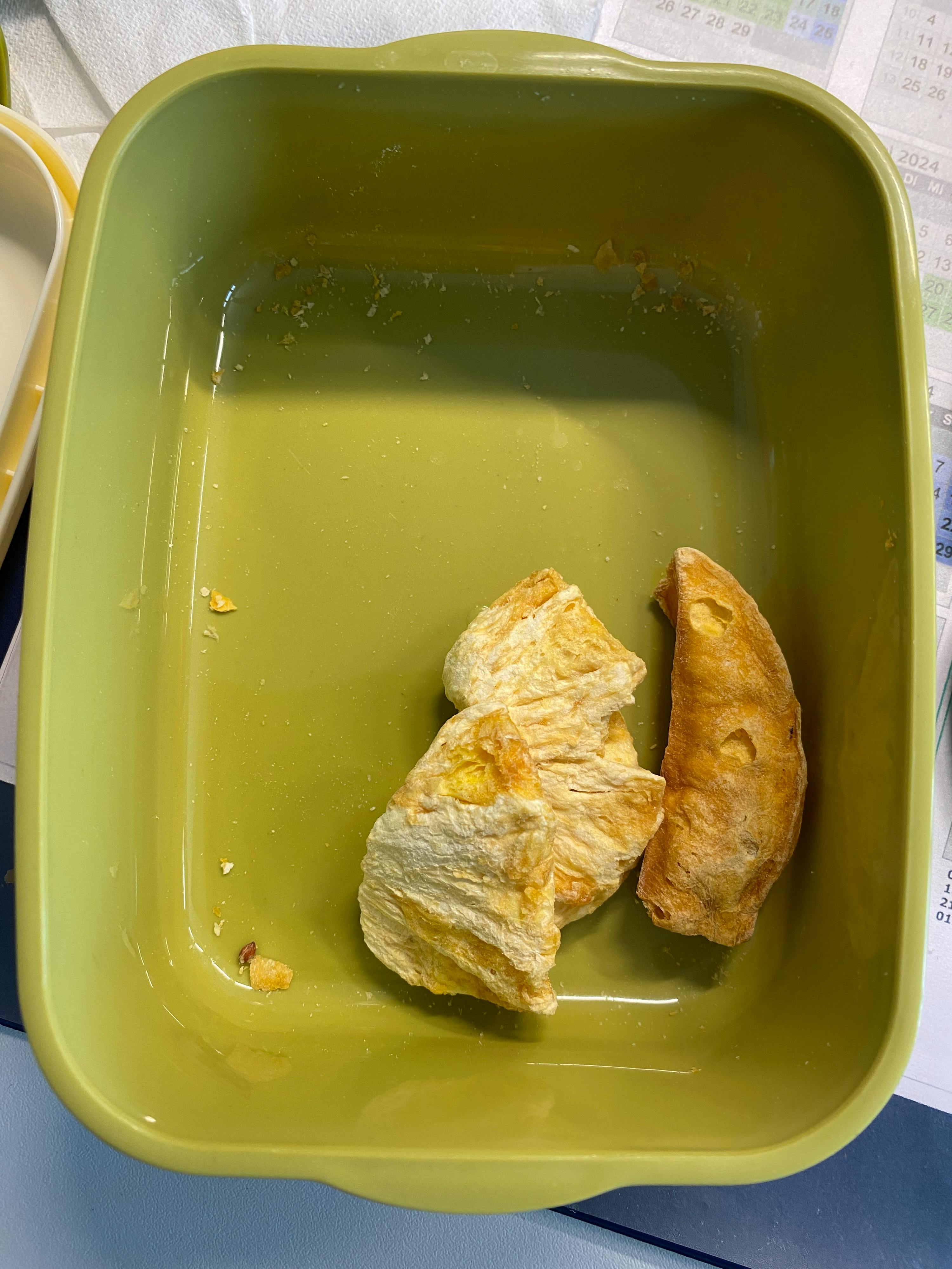 a green container with a piece of food in it