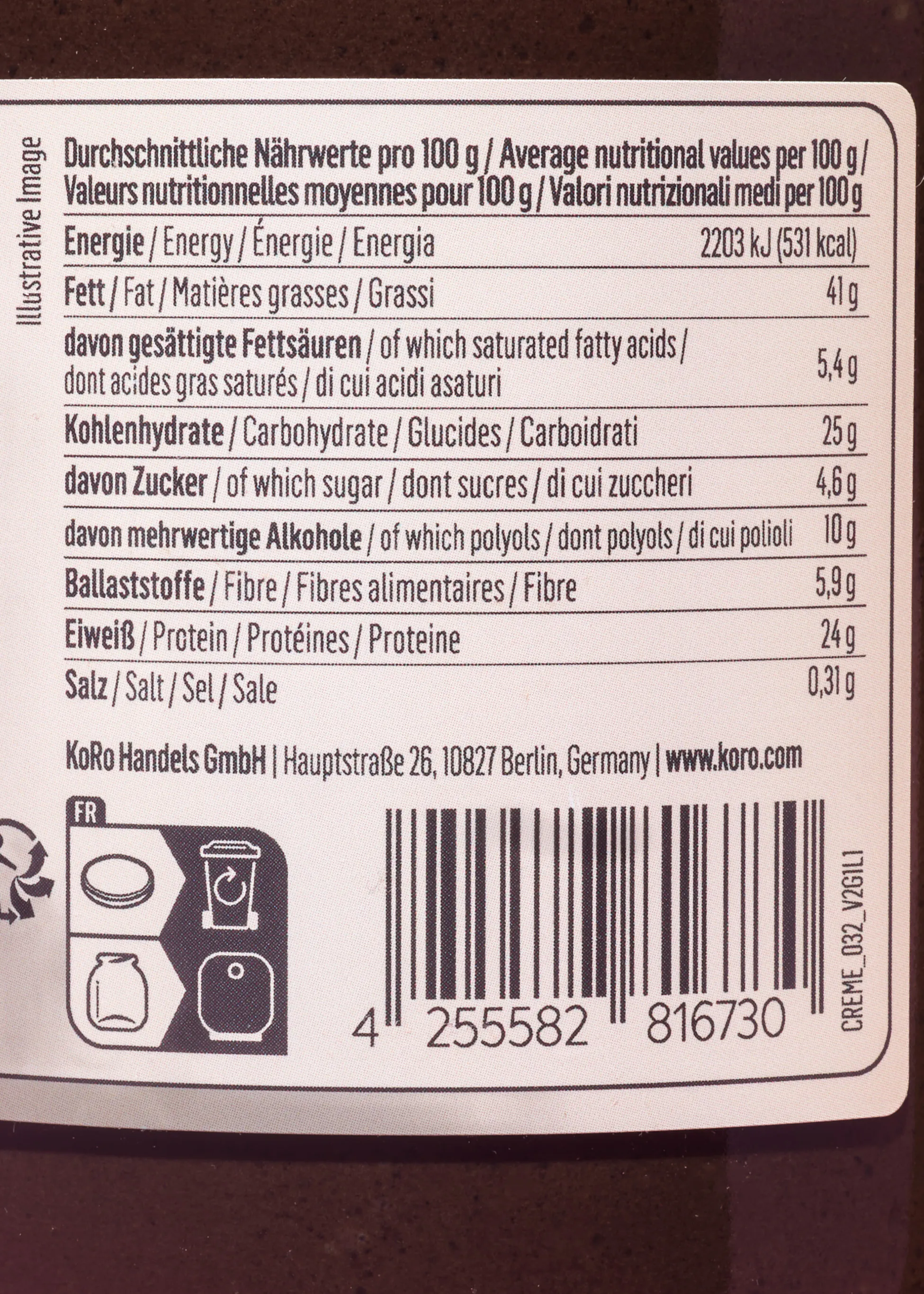 eine nährwerttabelle mit durchschnittlichen werten pro 100g, firmeninformationen der koro handels gmbh und einem strichcode.