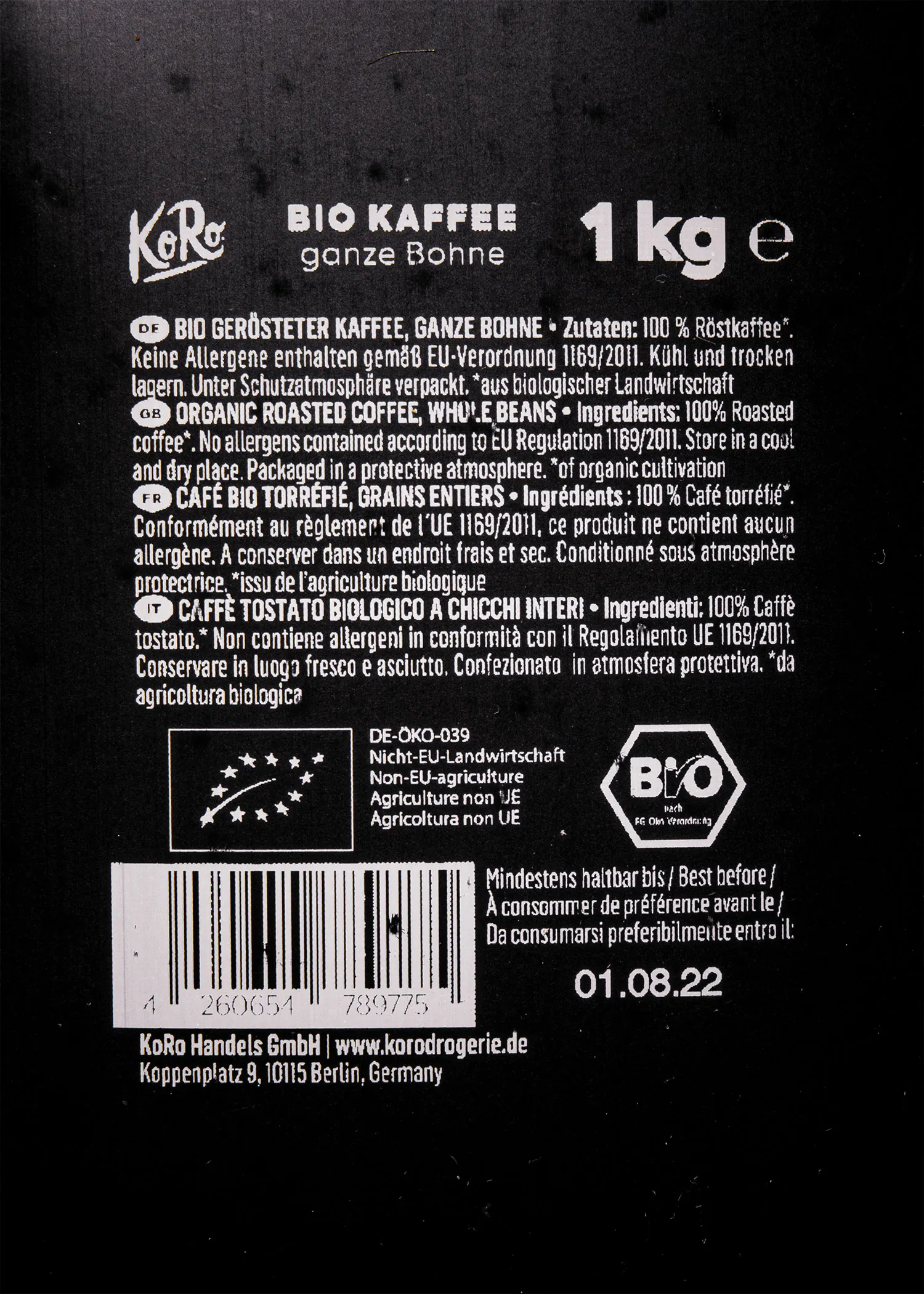 l' arrière d' un sac de 1 kg de bio kaffee