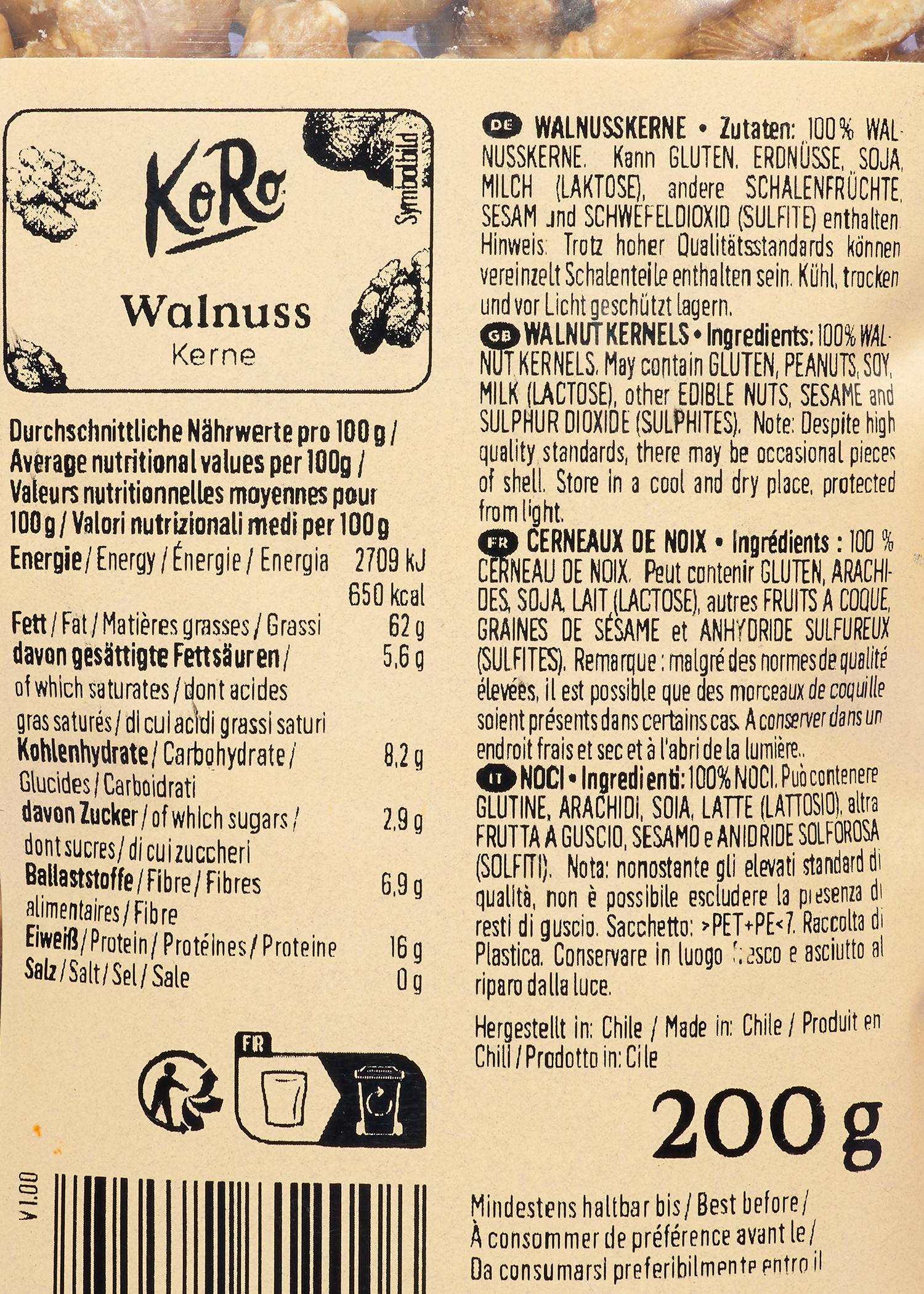 l' etichetta di una confezione di noci 200 grammi