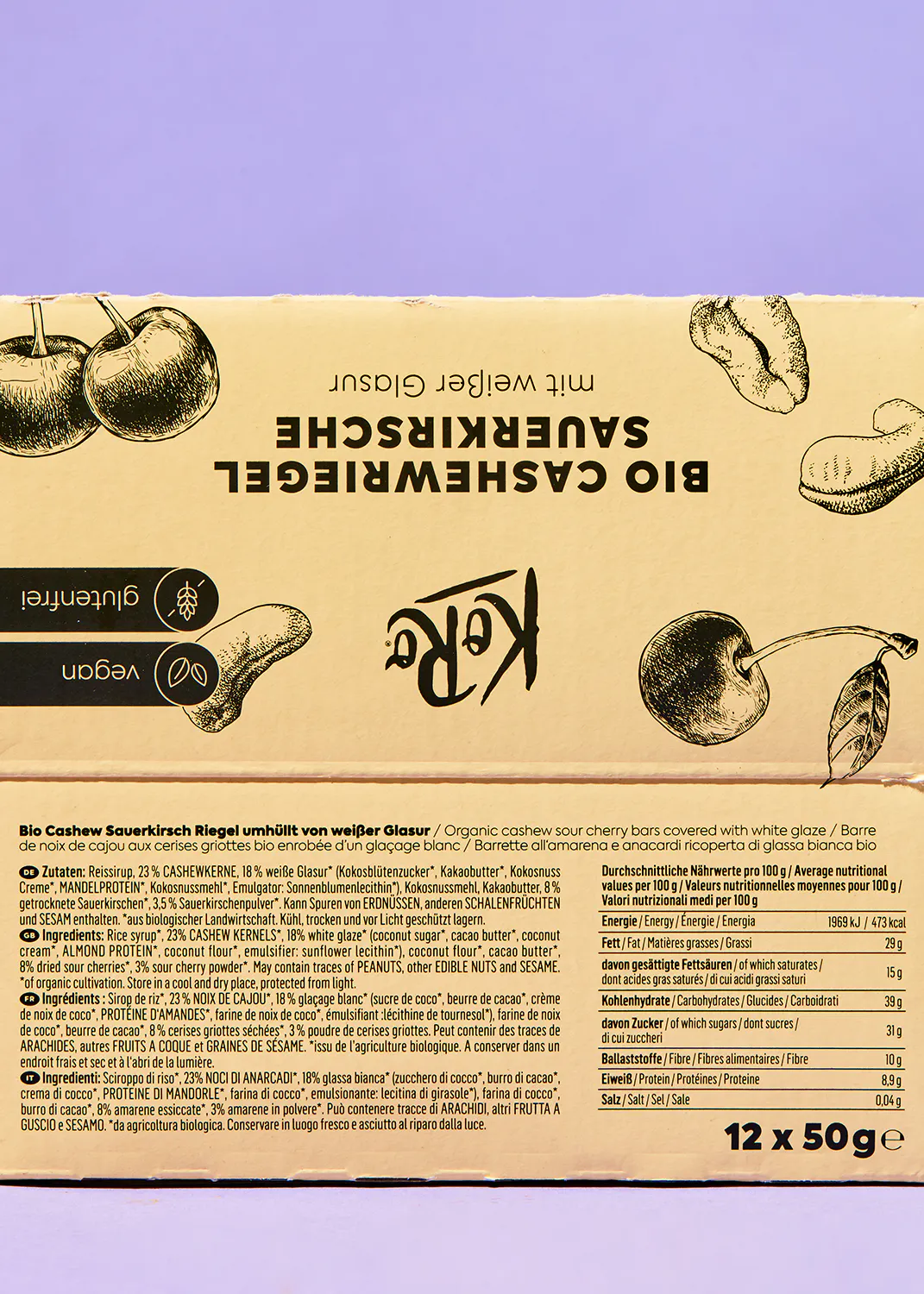 die Rückseite einer Schachtel Bio-Kaschmiriegel mit weißer Glasur