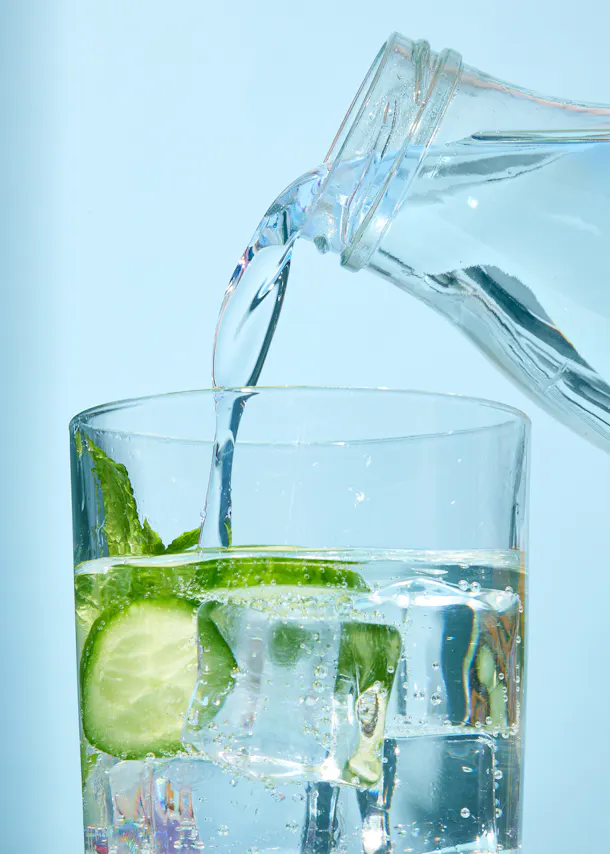 Wasser wird in ein Glas mit Eiswürfeln und einer Gurke gegossen