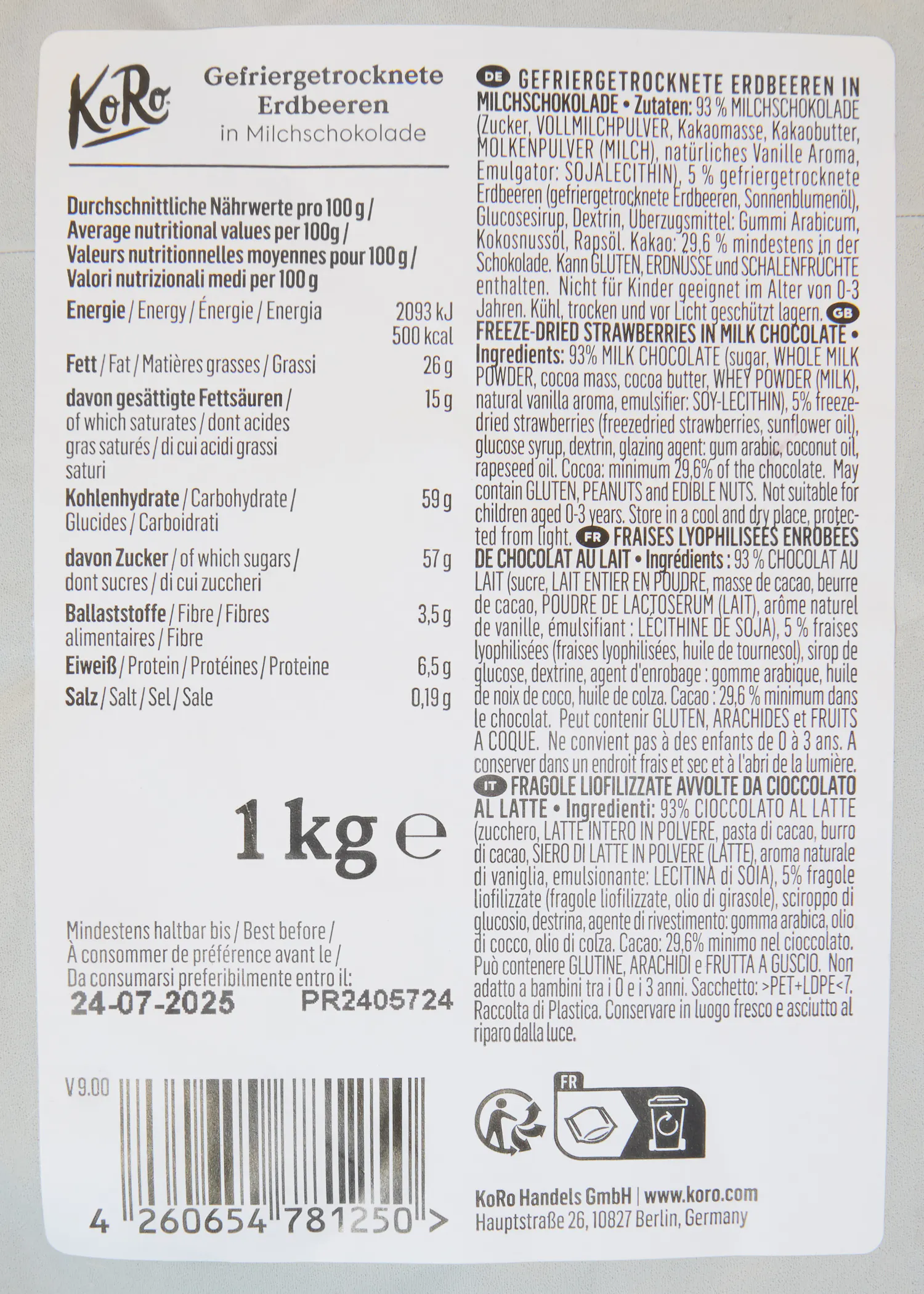 Fraises lyophilisées enrobées de chocolat au lait 1 kg