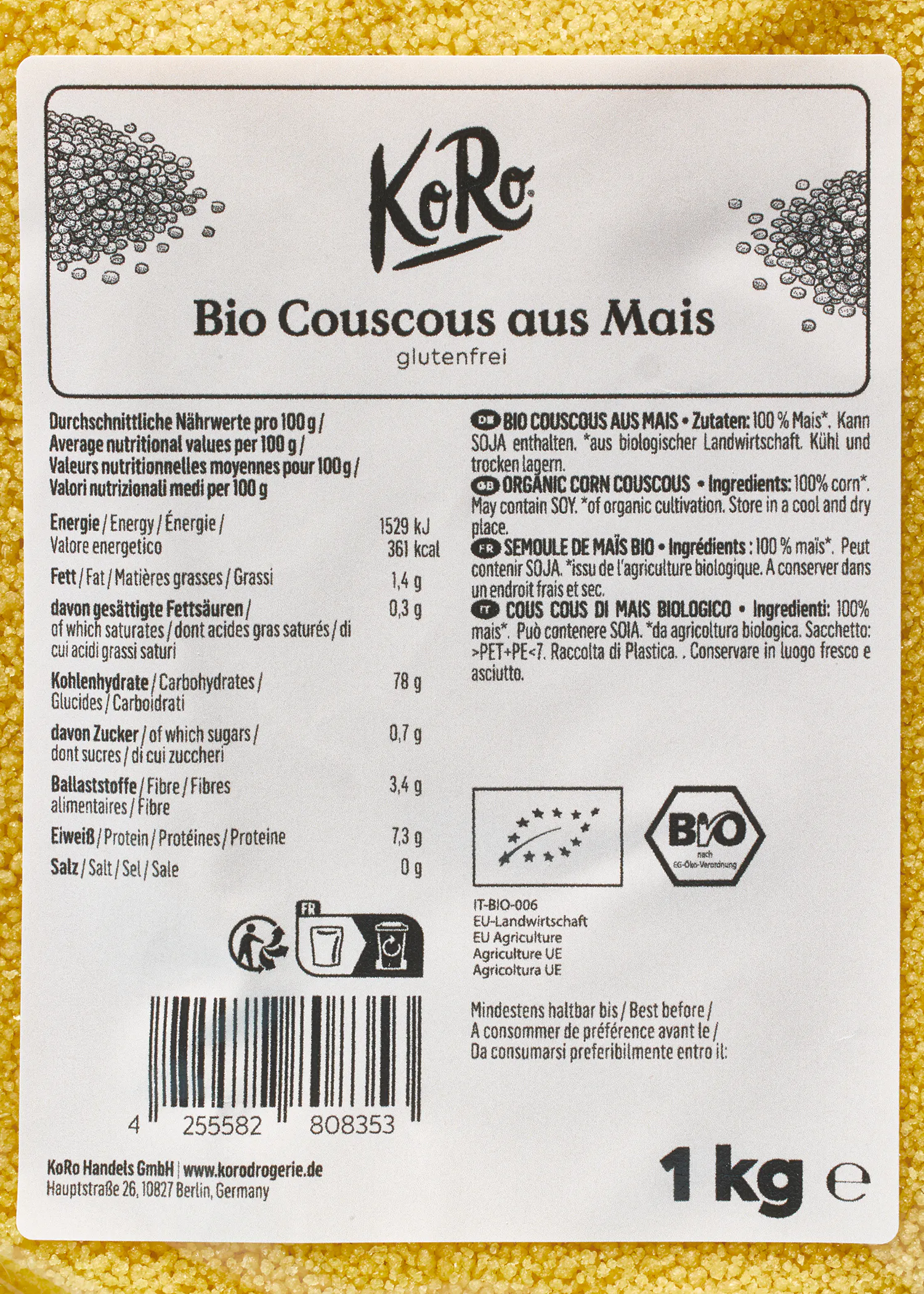ein Etikett für bio couscous aus Mais zeigt die Nährwerte