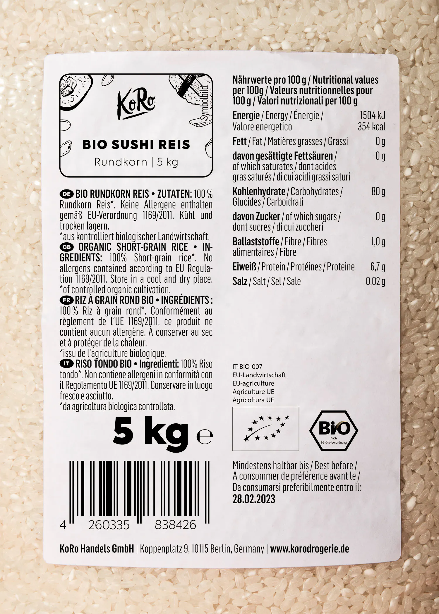 l' arrière d' une étiquette de riz bio 5 kg