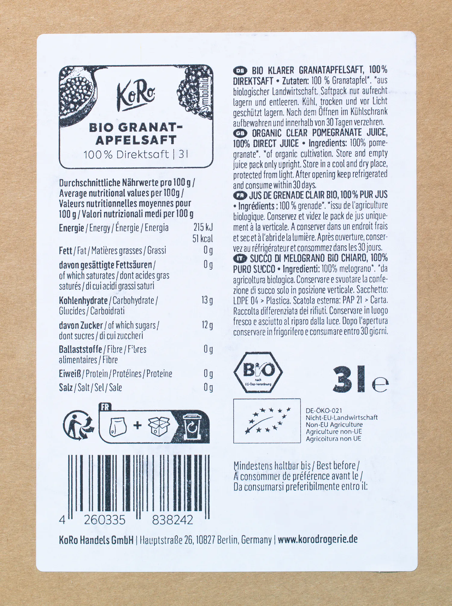 die Rückseite eines Kartons mit einem Bio-Apfelsaft