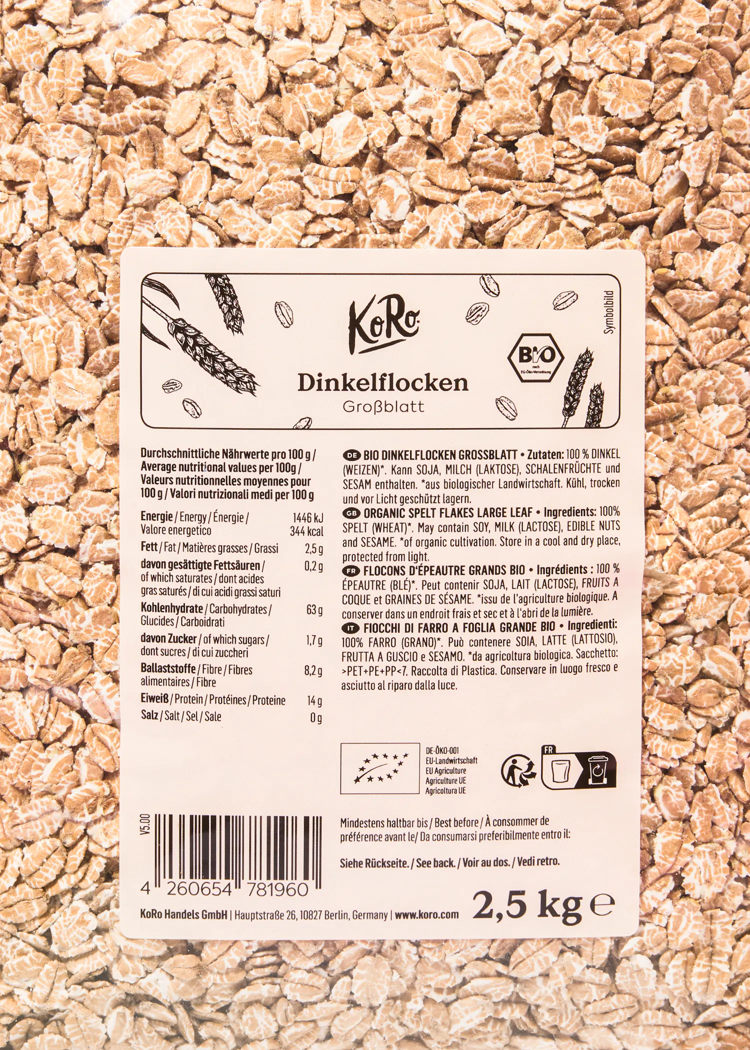 l' arrière d' une boîte de flocons d' avoine de 2,5 kg