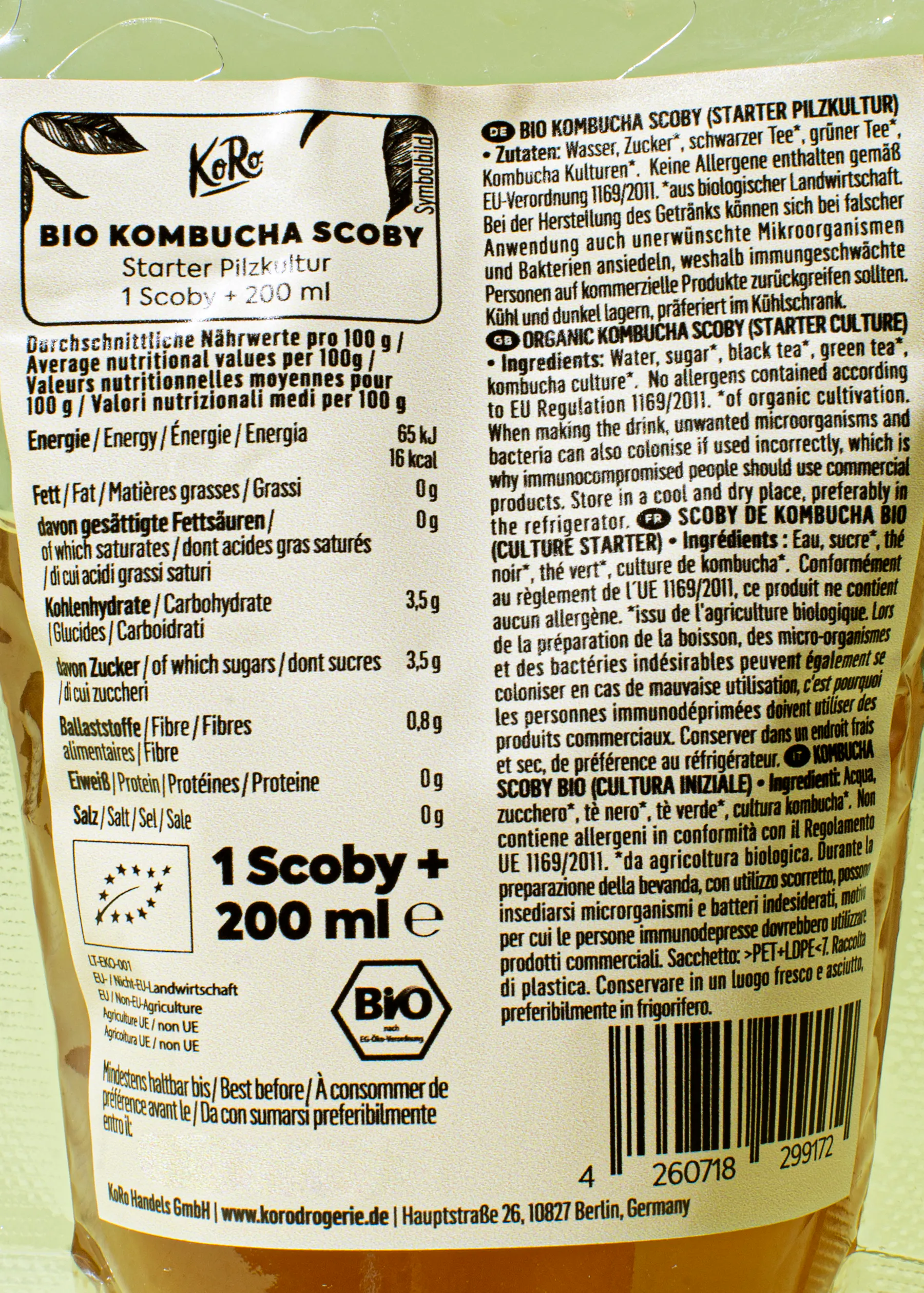 die Rückseite einer Flasche bio kombucha scoby 200 ml