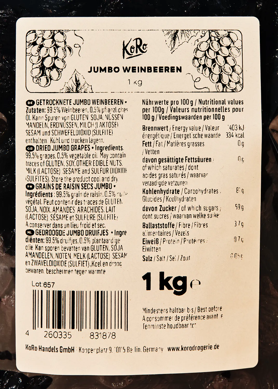 a label for jumbo weinbeeren says 1 kg on it
