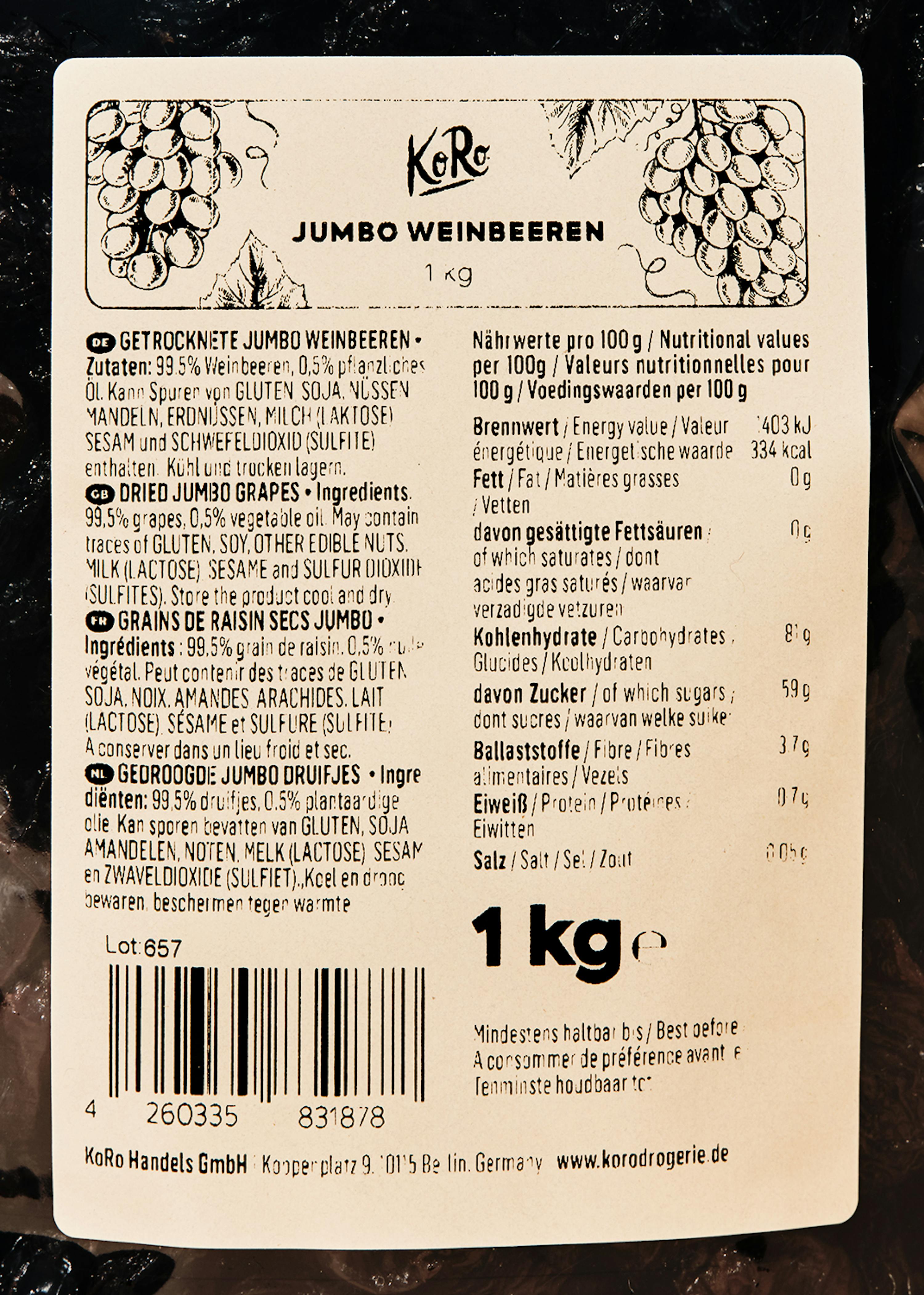 die Rückseite einer 1 kg-Flasche jumbo Weinbeeren