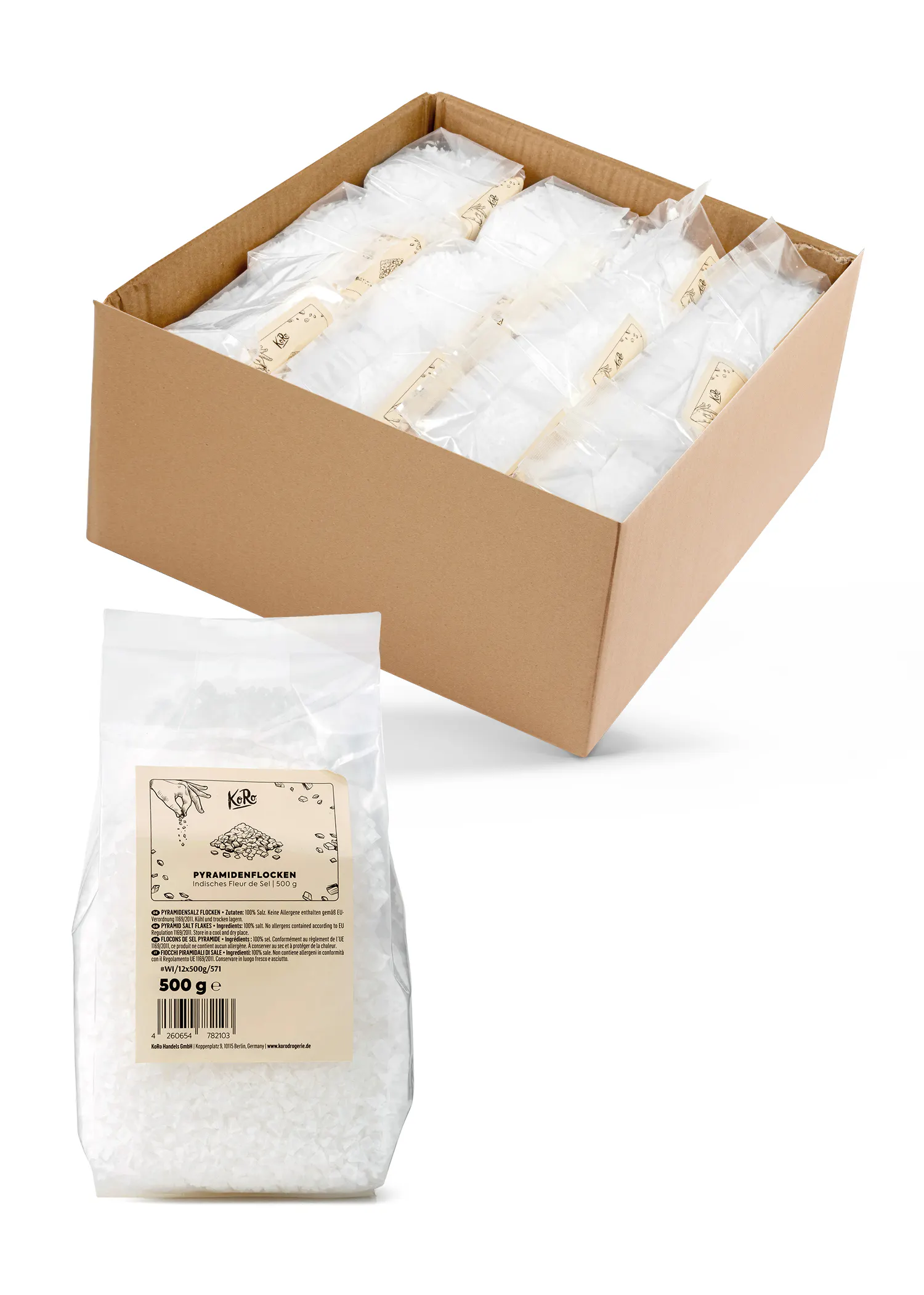 une boîte en carton remplie de sacs de 500 g