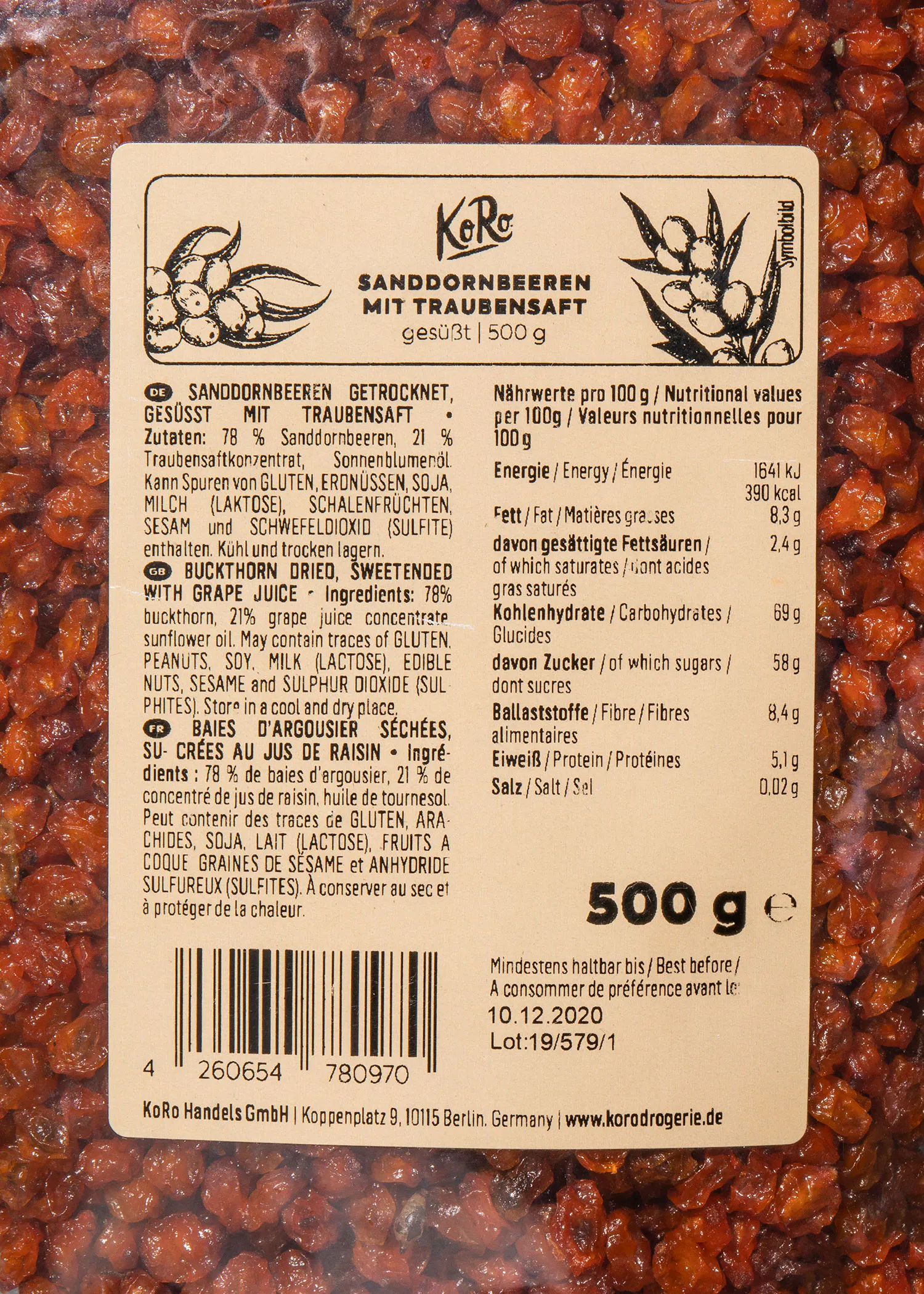 Etikett für 500 g getrocknete Sanddornbeeren mit traubensaft