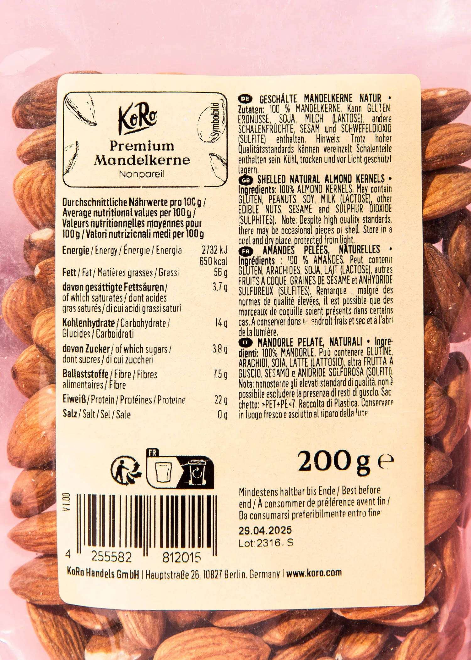 eine Packung Mandelkerne mit der Aufschrift premium mandelkerne