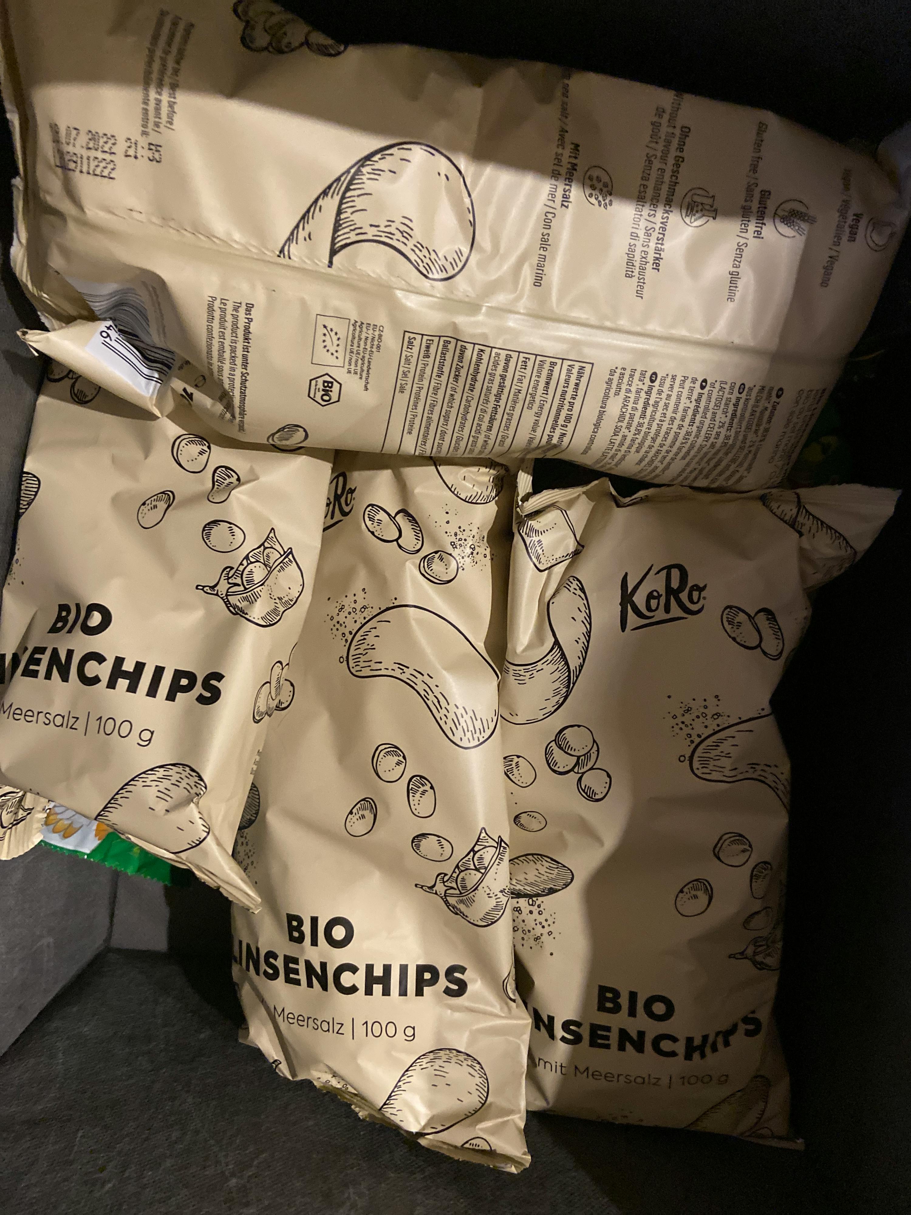 drei beutel bio unsenchips in einer tasche