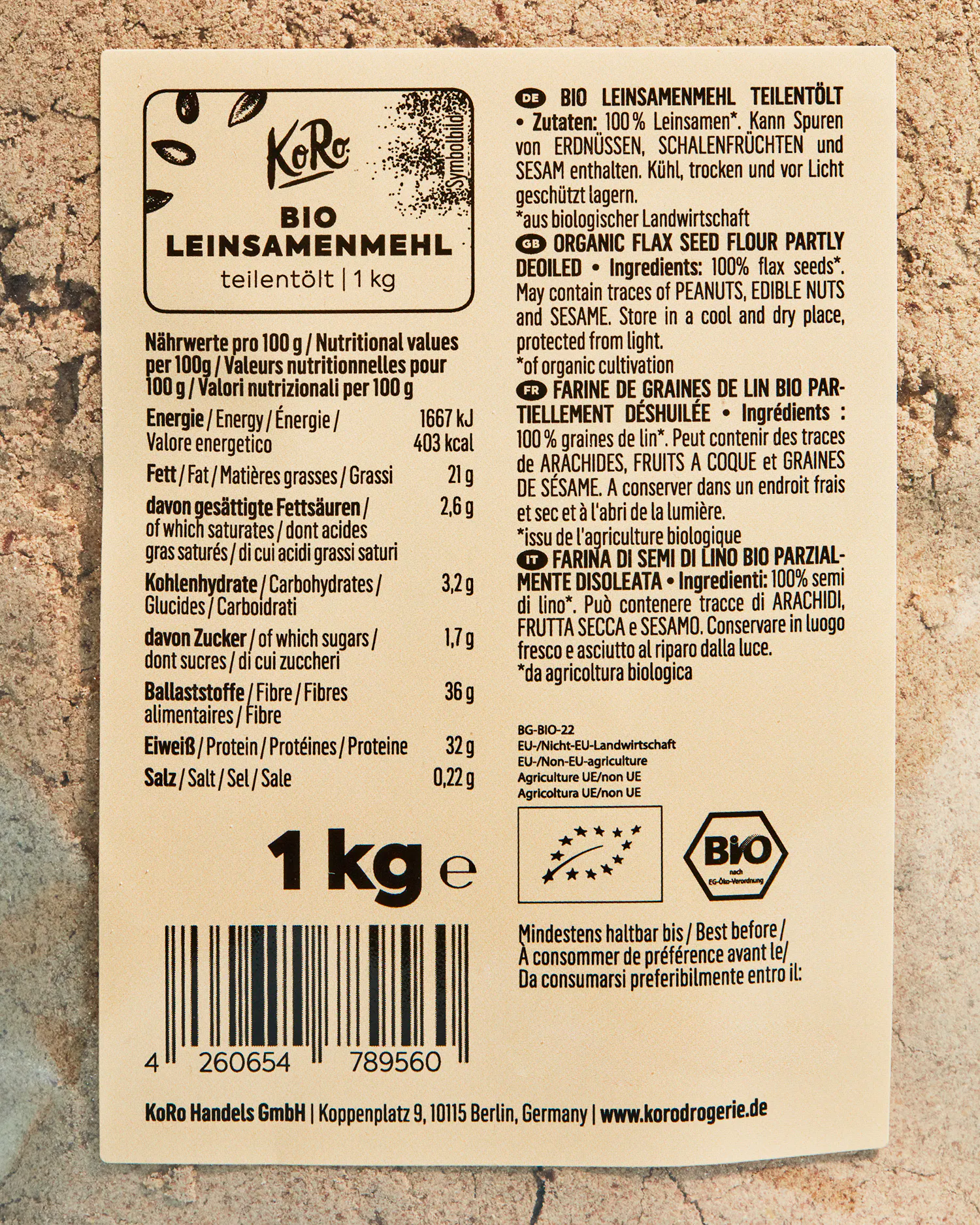 ein Etikett mit der Aufschrift bio leinsamenmehl