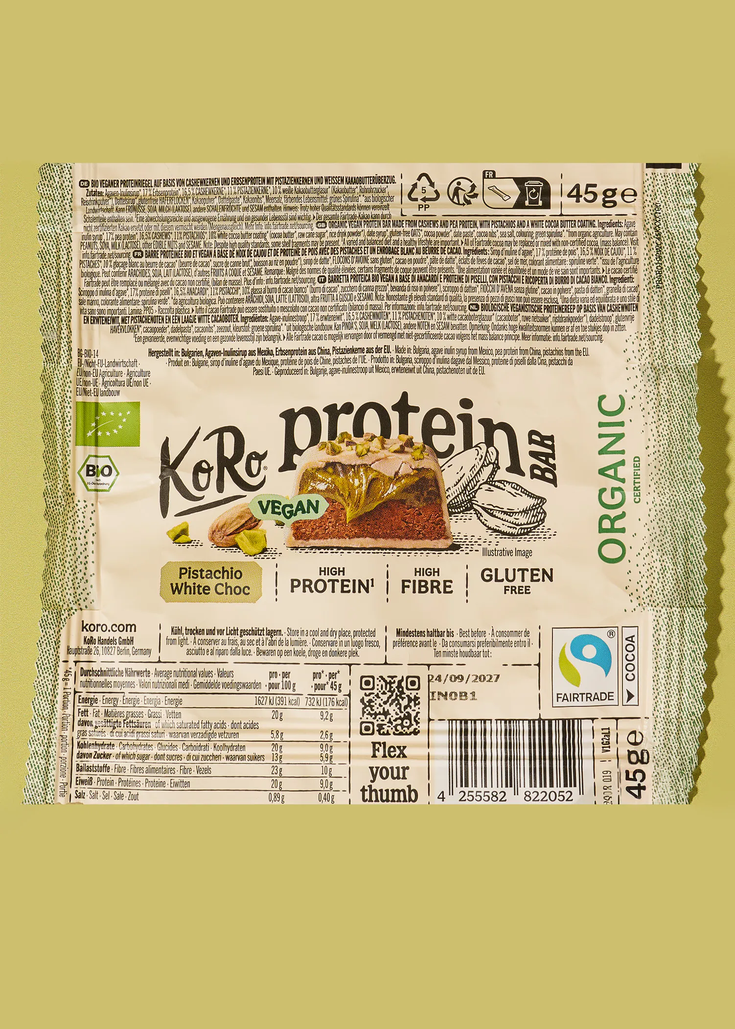 Barretta proteica vegan bianca al pistacchio bio | 3 x 45 g