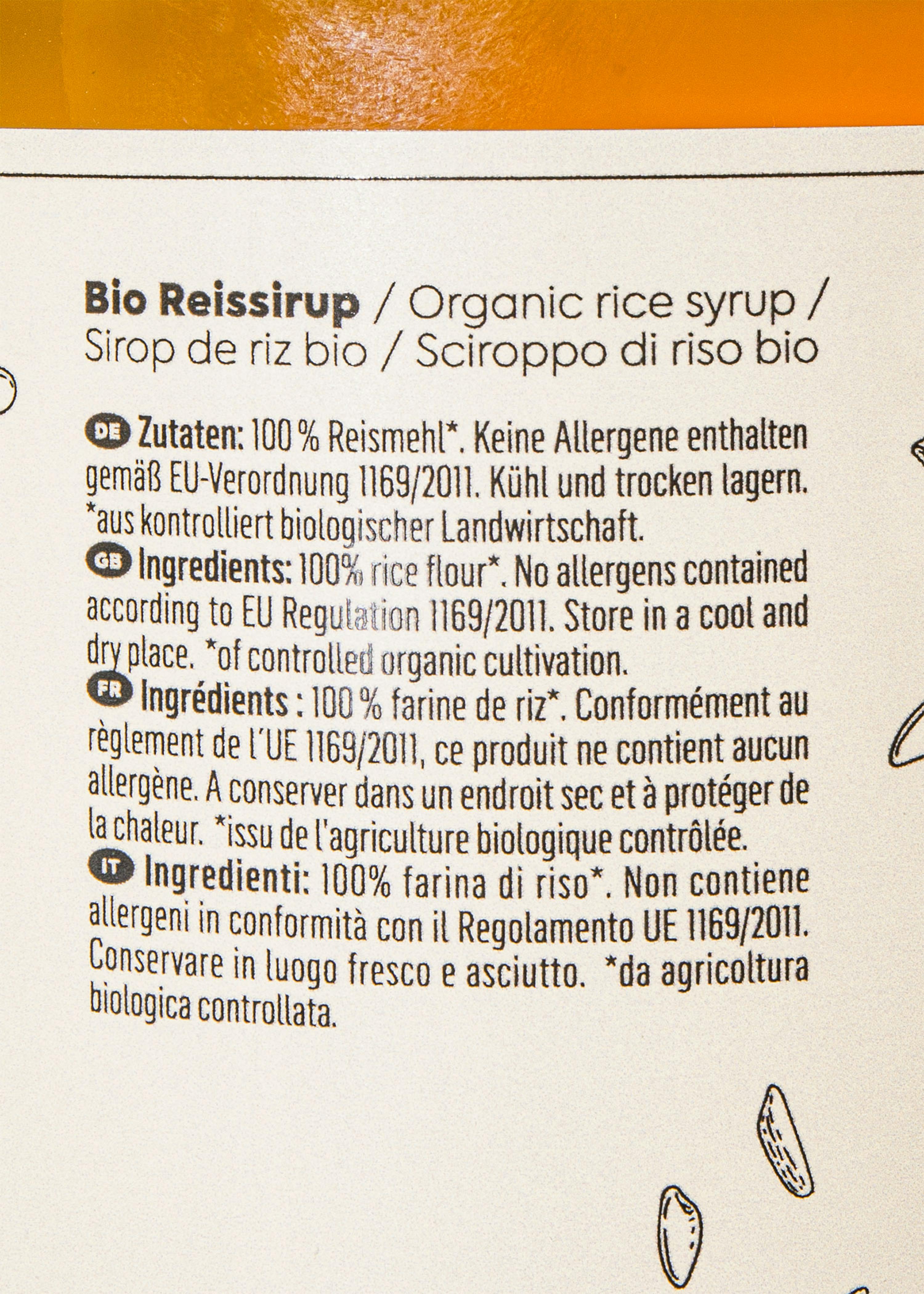 a close up of a label for bio reissirup organic rice syrup