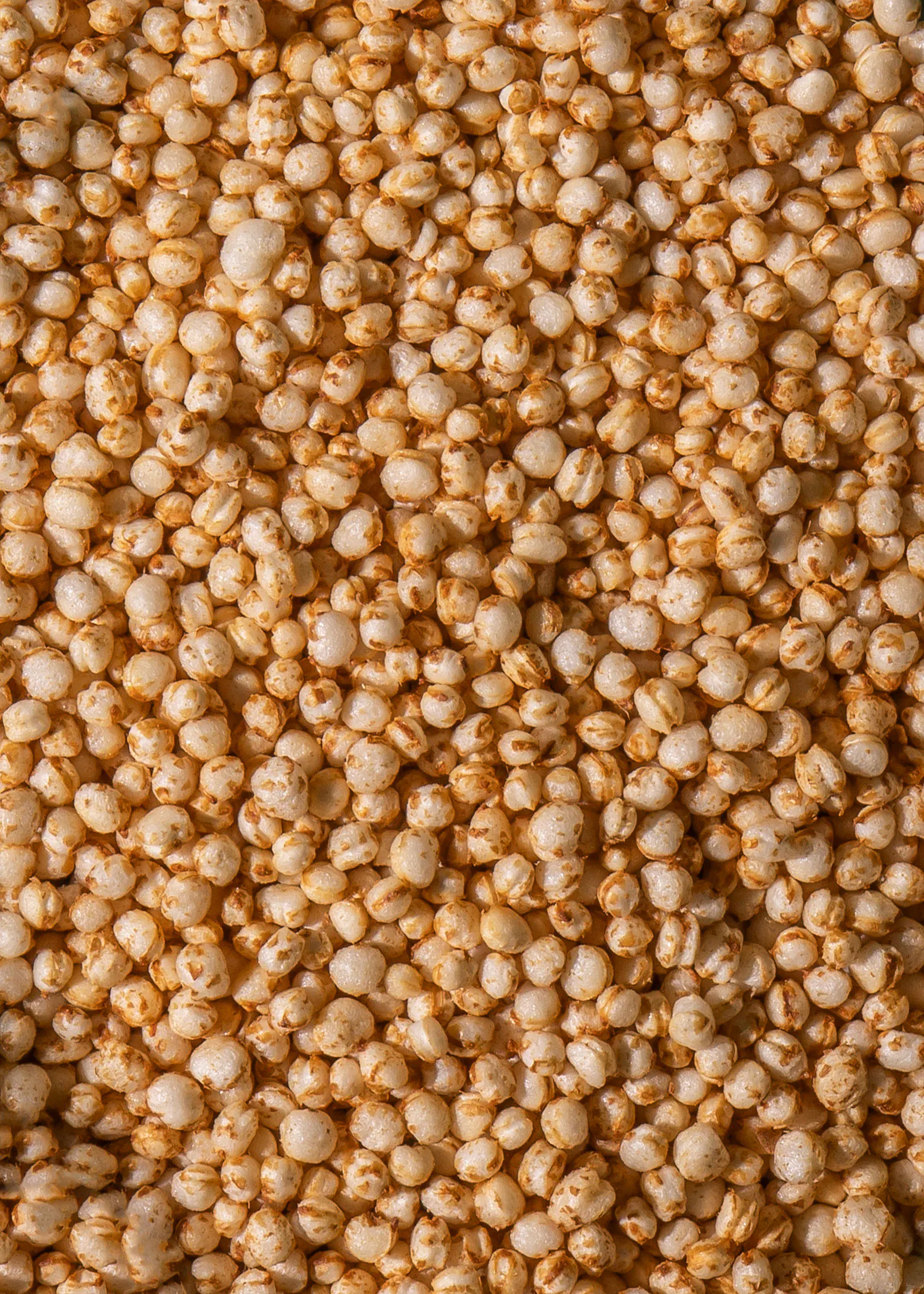 primer plano de una superficie llena de granos de quinua o amaranto inflados de color beige claro.