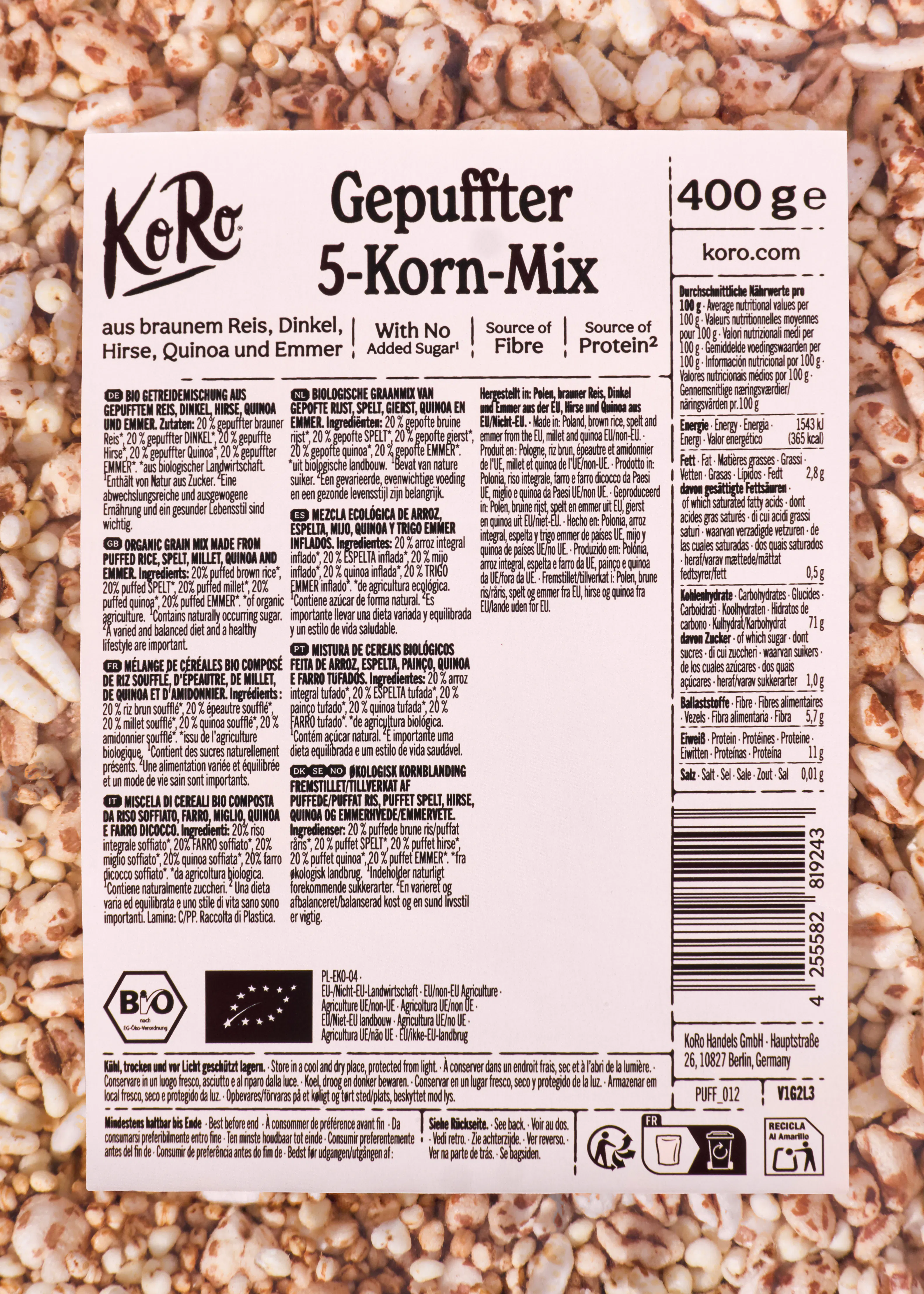 a product label for koro puffed 5-grain mix, detailing ingredients, nutritional facts, and other information in several languages.