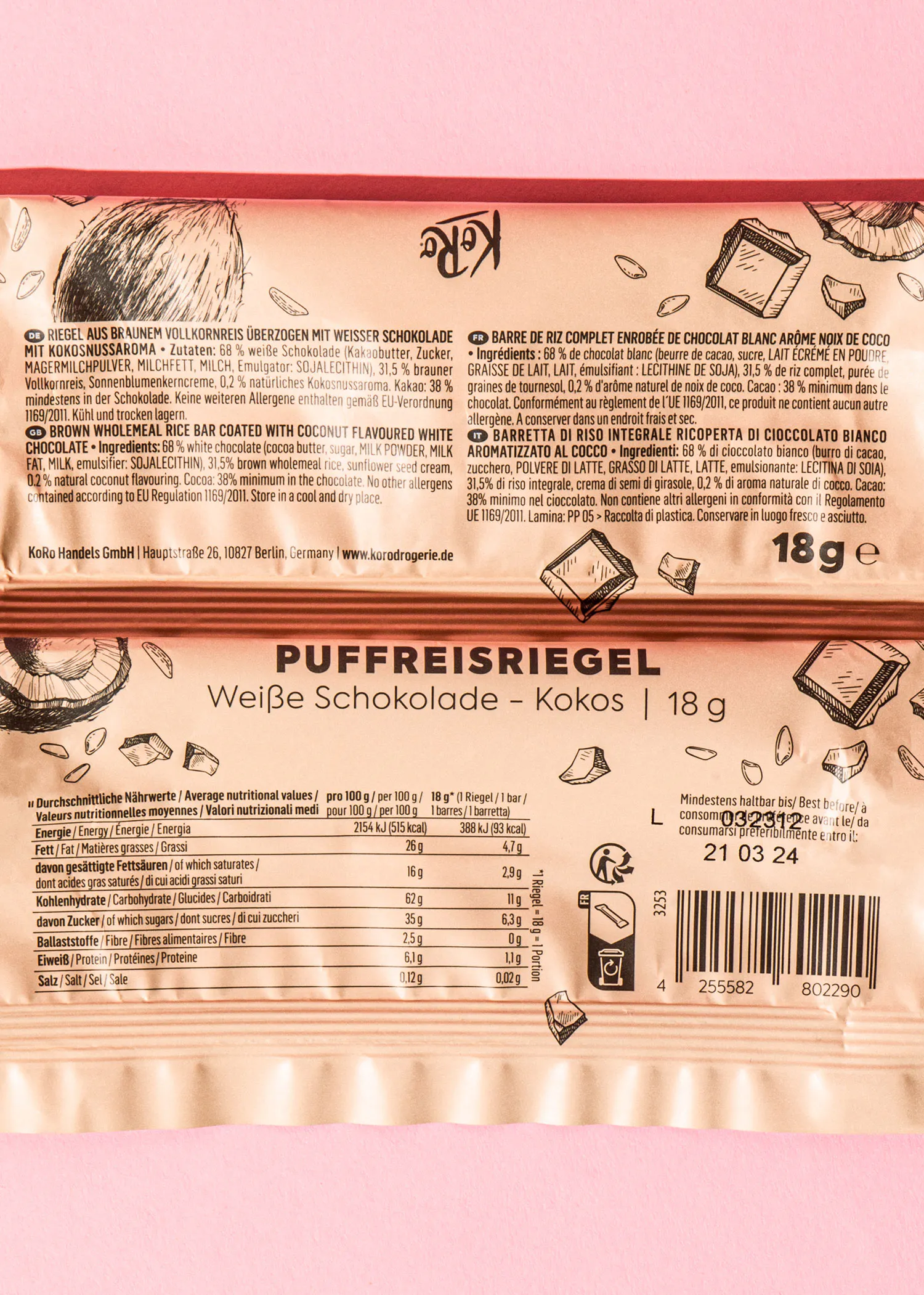 l' arrière d' une barre de chocolat puffreisriegel