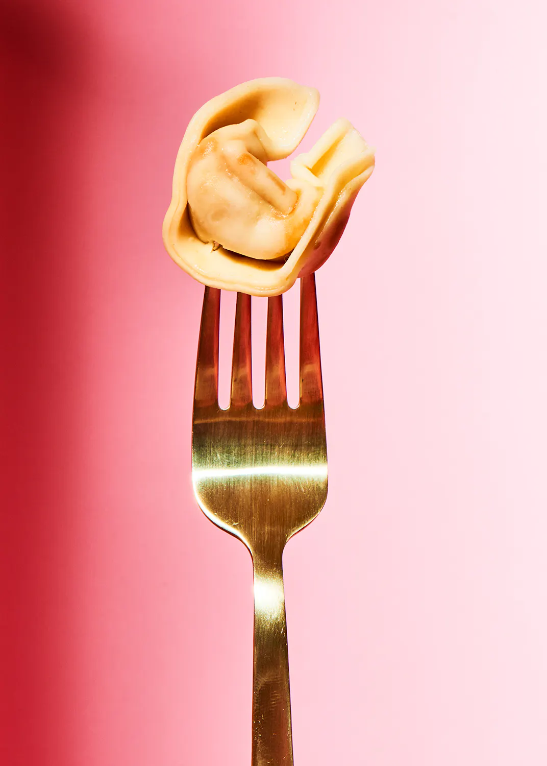 a gold fork with a piece of pasta on it
