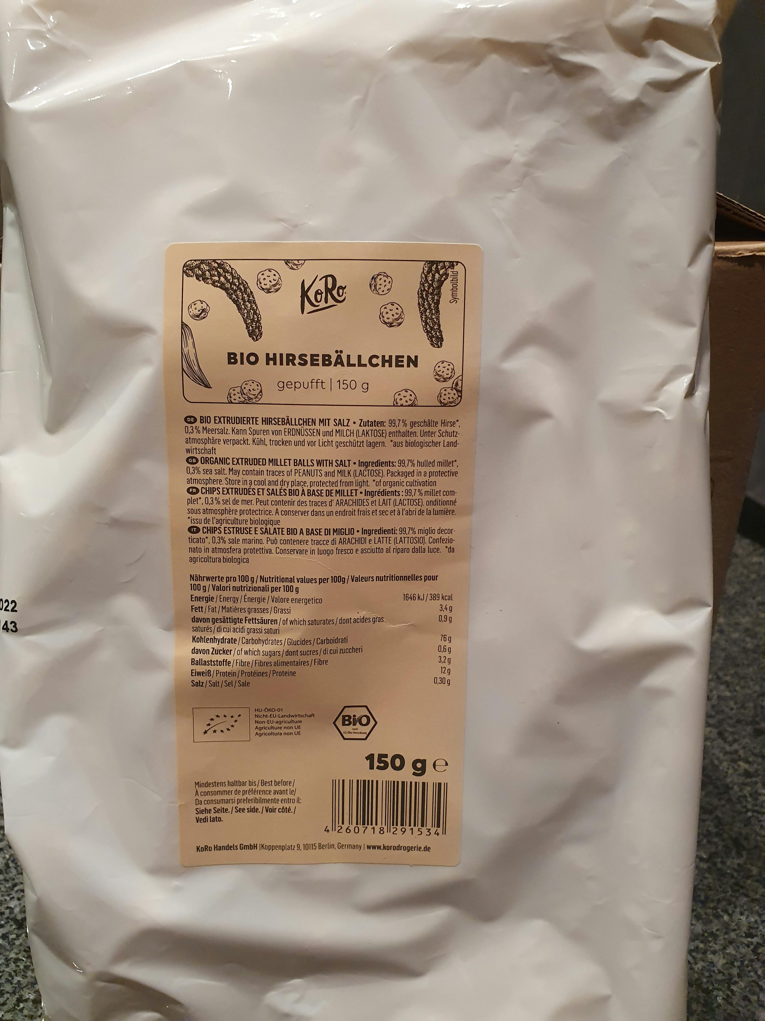 eine weiße Plastiktüte mit der Aufschrift bio hirseballchen