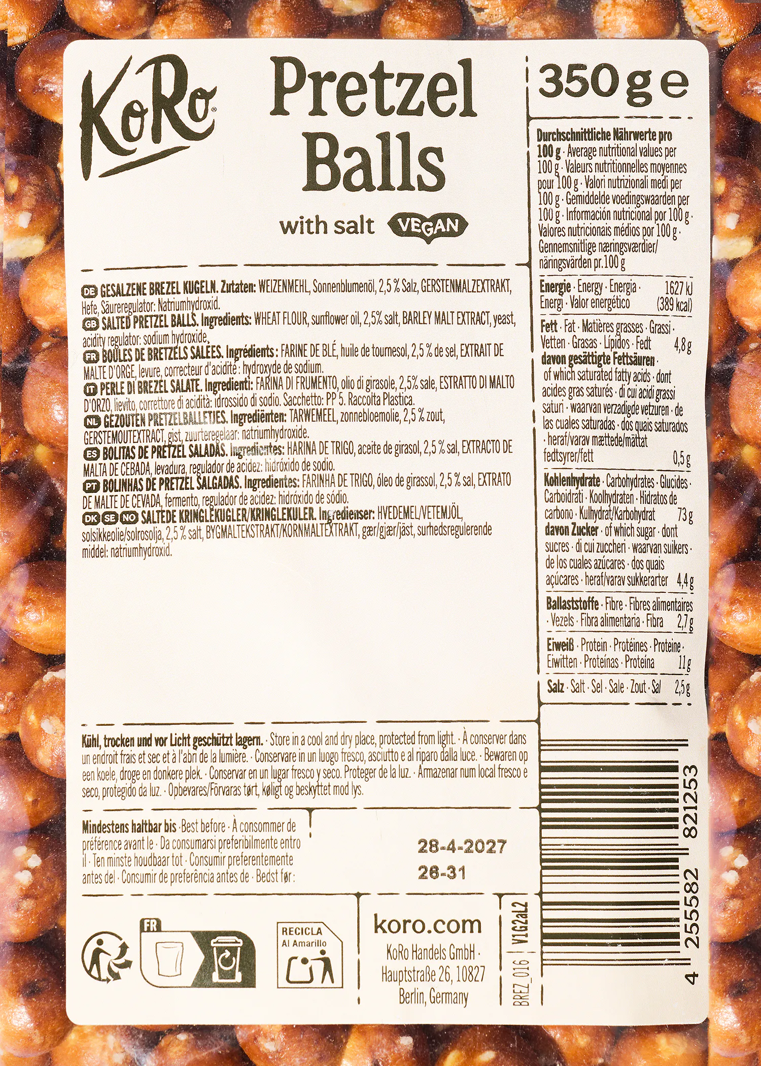 die rückseite einer koro pretzel balls verpackung mit produktinformationen, zutatenliste, nährwerttabelle und herstellerangaben.