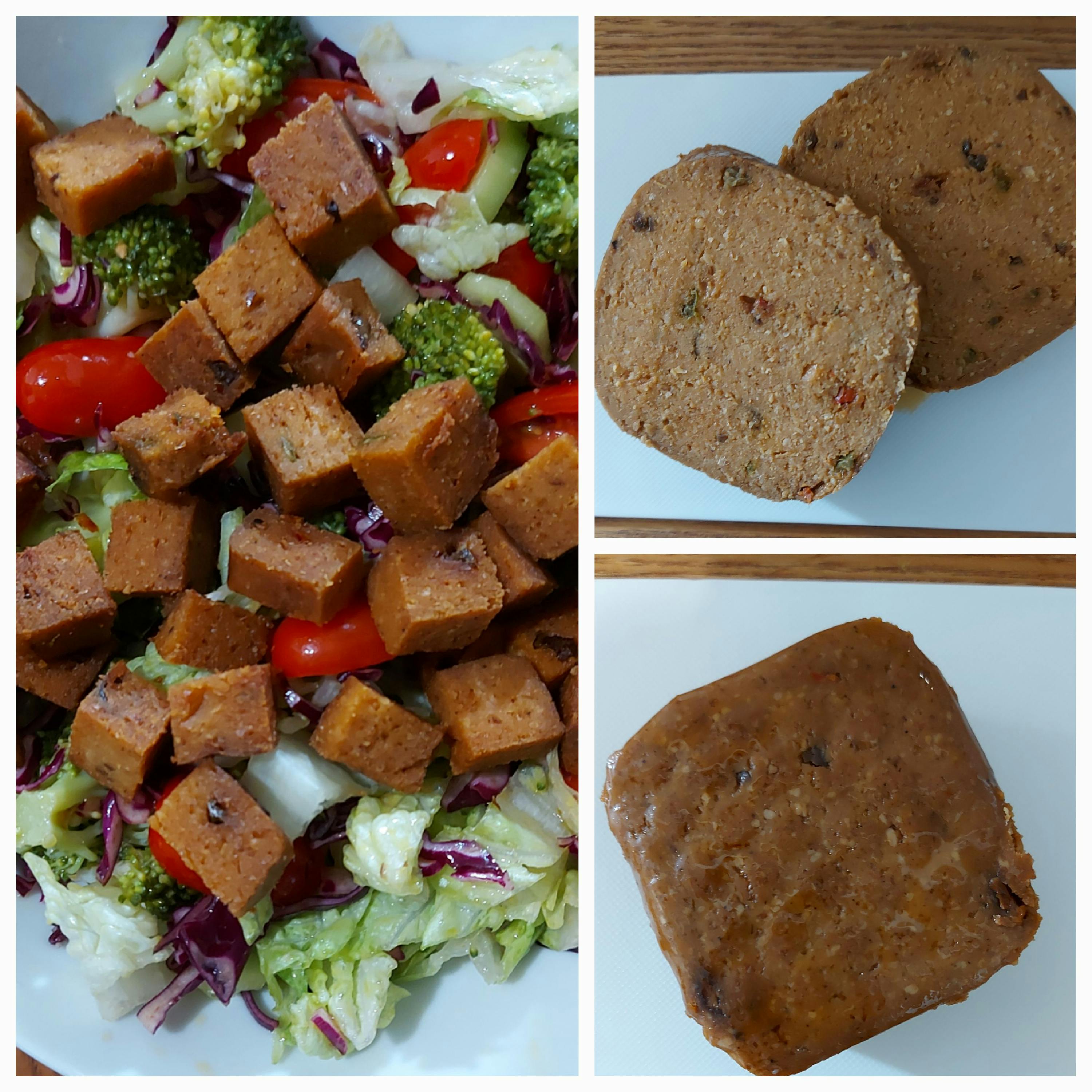 ein Collage aus drei Bildern zeigt einen Salat mit tofuwürfeln