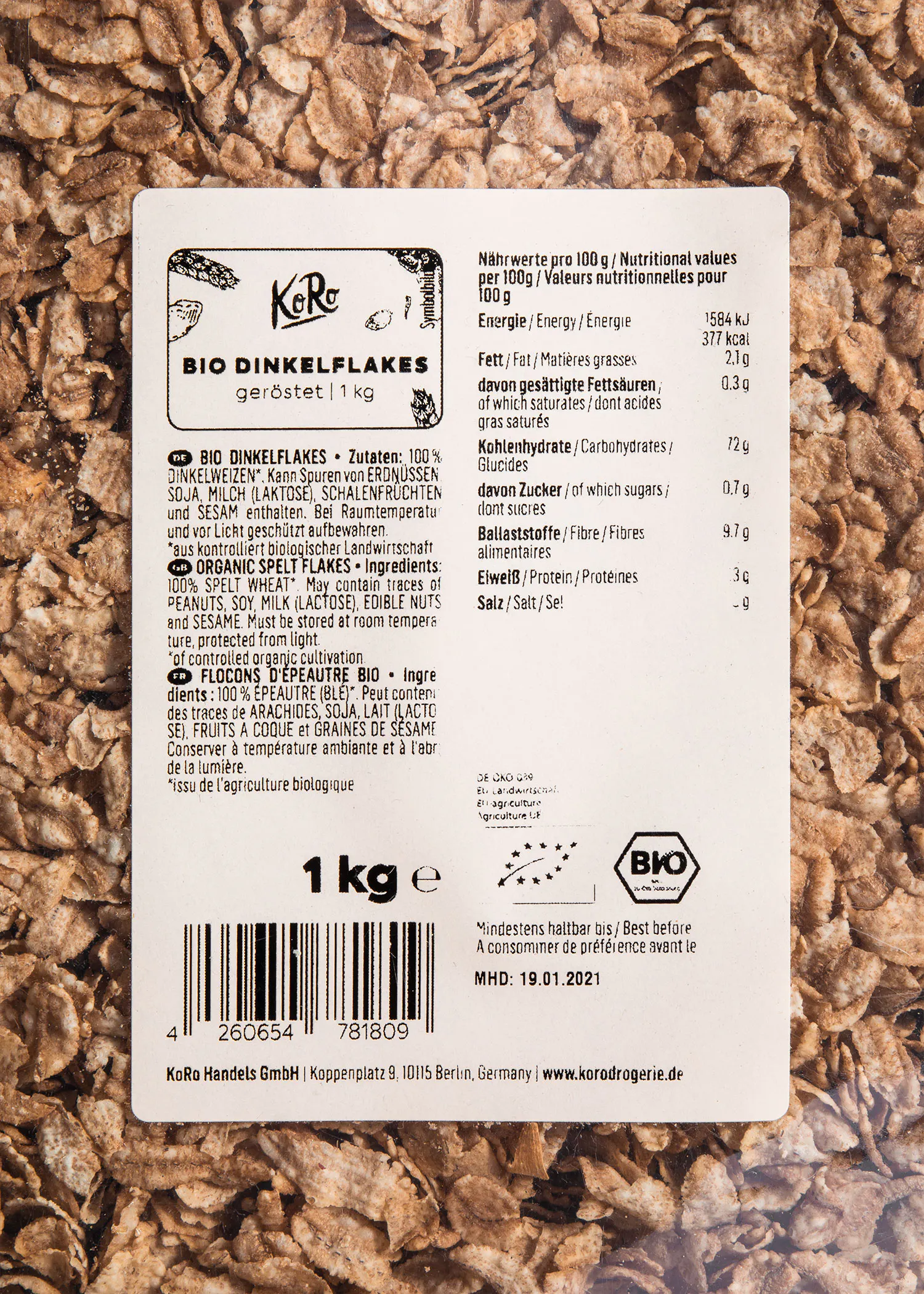 l' arrière d' une boîte de céréales bio de 1 kg