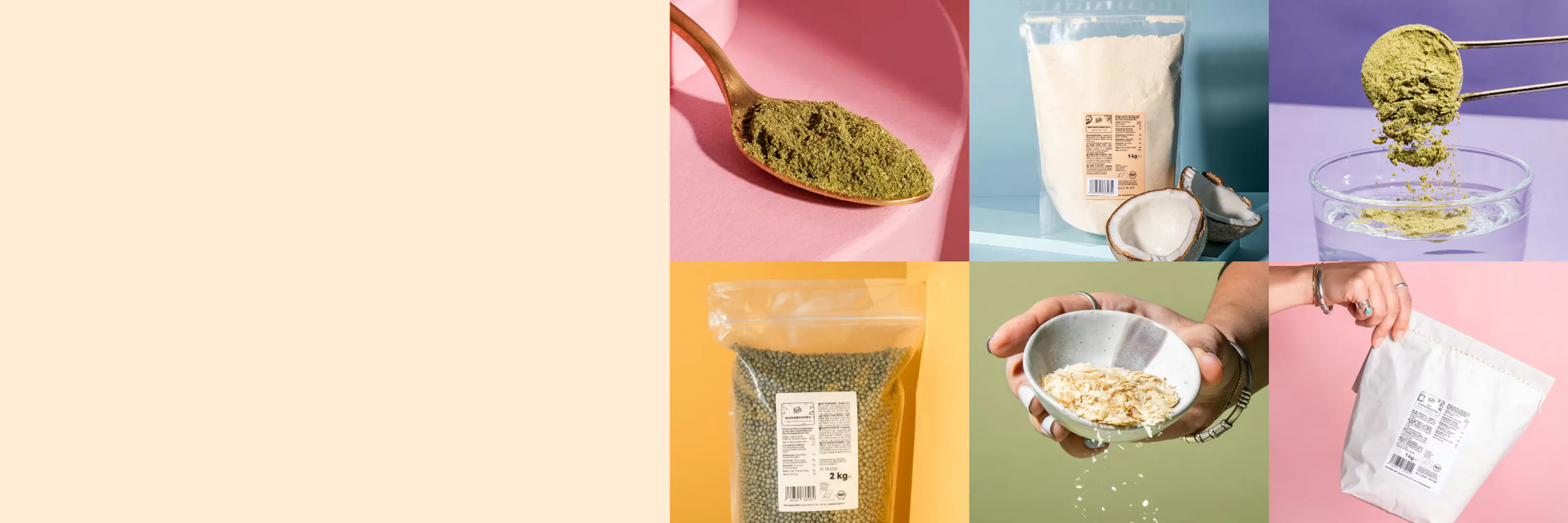 verschiedene lebensmittelzutaten wie pulver, flocken, kokosnüsse und linsen, arrangiert in einer collage.