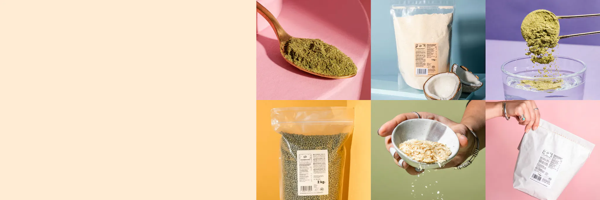 verschiedene lebensmittelzutaten wie pulver, flocken, kokosnüsse und linsen, arrangiert in einer collage.