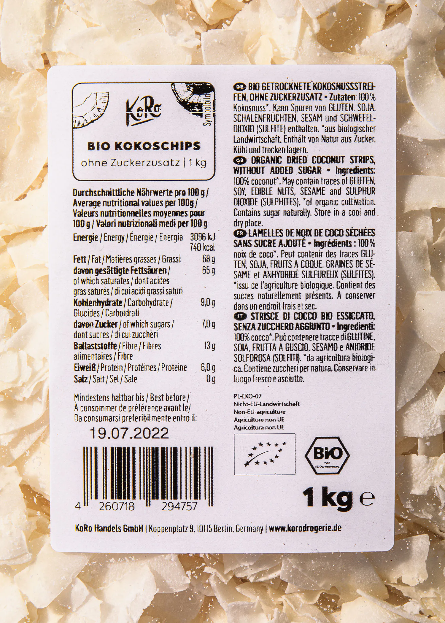 l' arrière d' un sac de chips de noix de coco bio