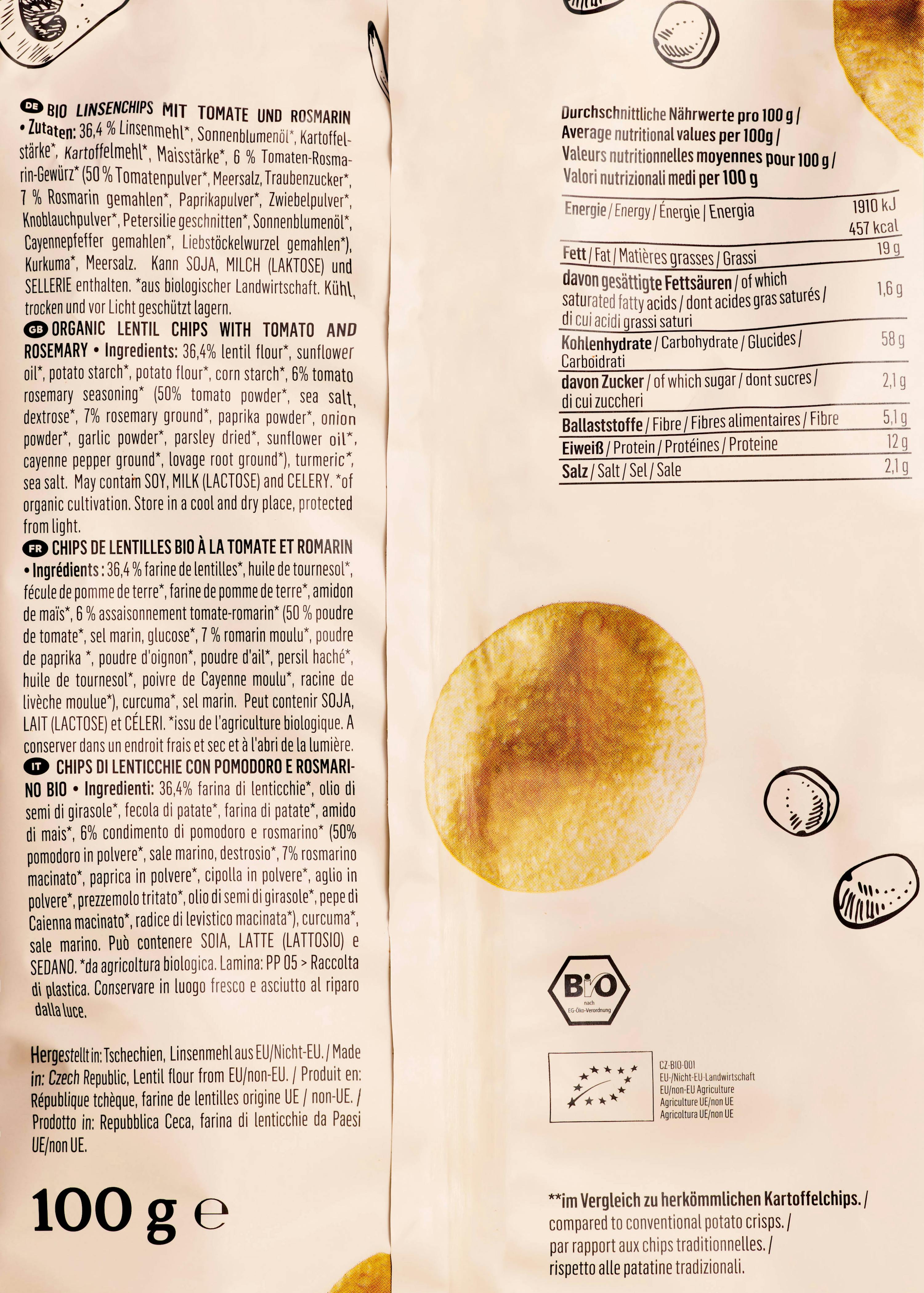 eine Packung Linsenchips mit Tomaten und Rosmarin