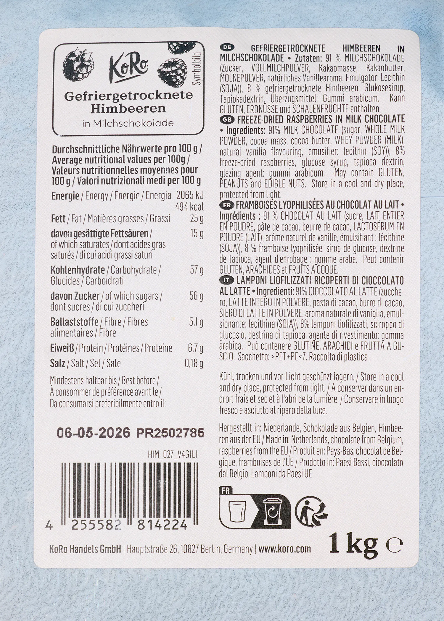 the back of a 1 kg container of freeze dried raspberries in milk chocolate