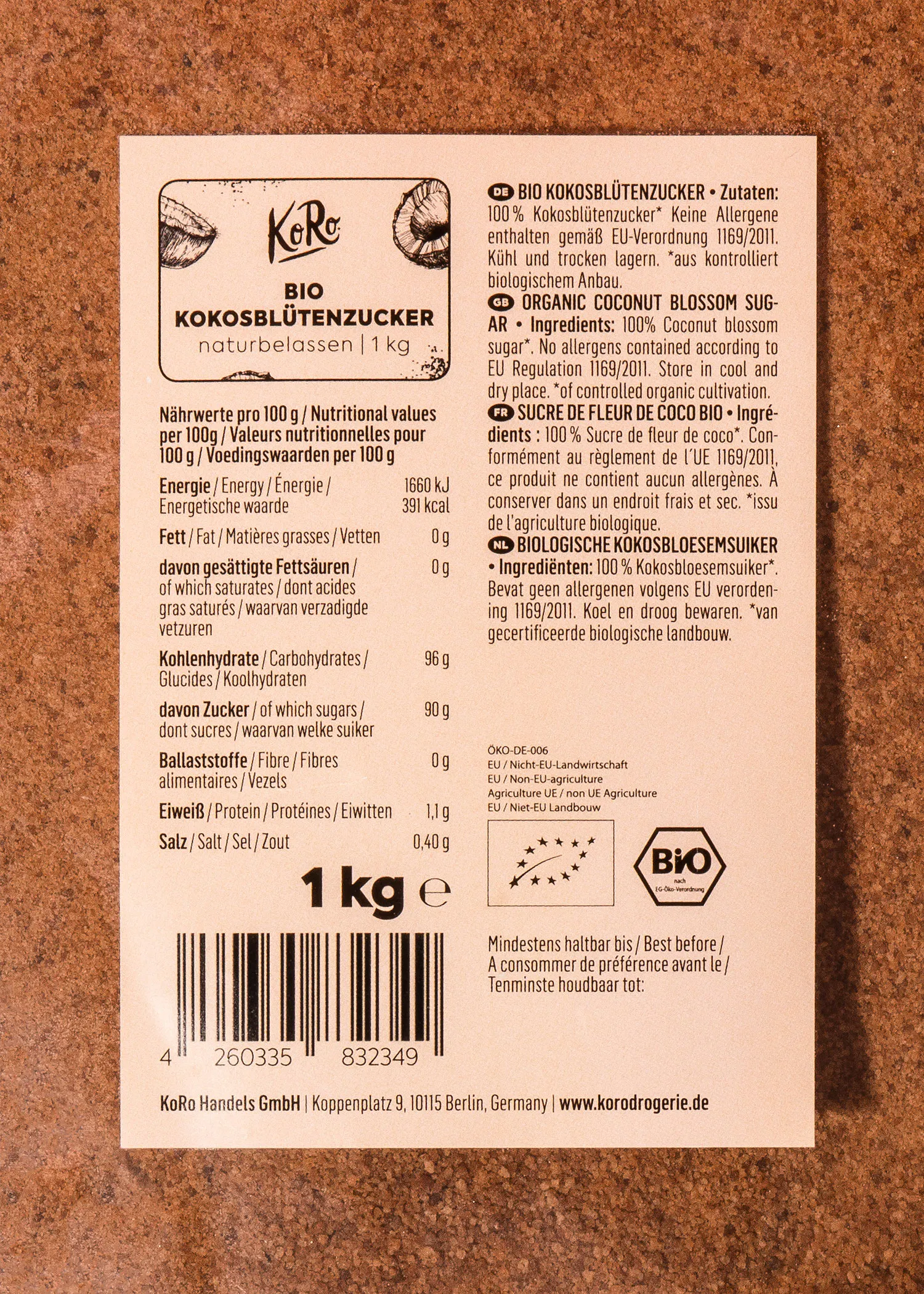 the back of a package of coconut blossom sugar