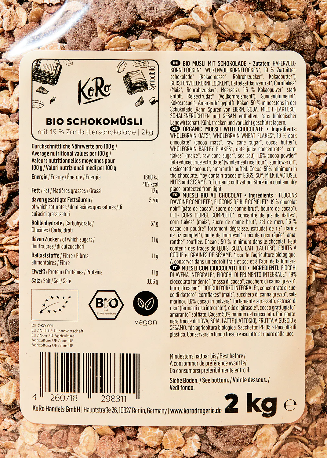 l' arrière d' une boîte de muesli bio de 2 kg