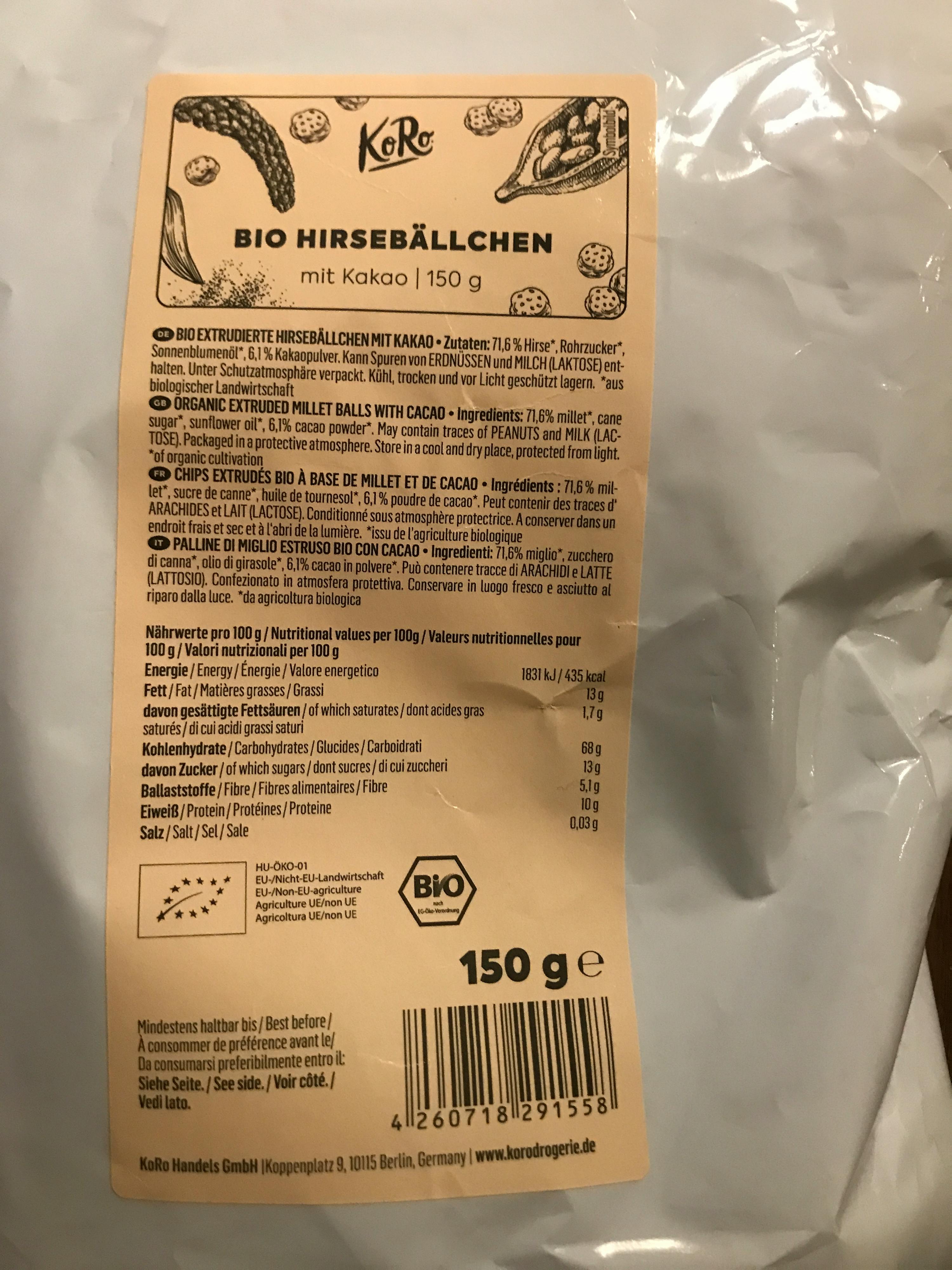 eine Nahaufnahme der Rückseite eines Bio-Hirseballenbeutels